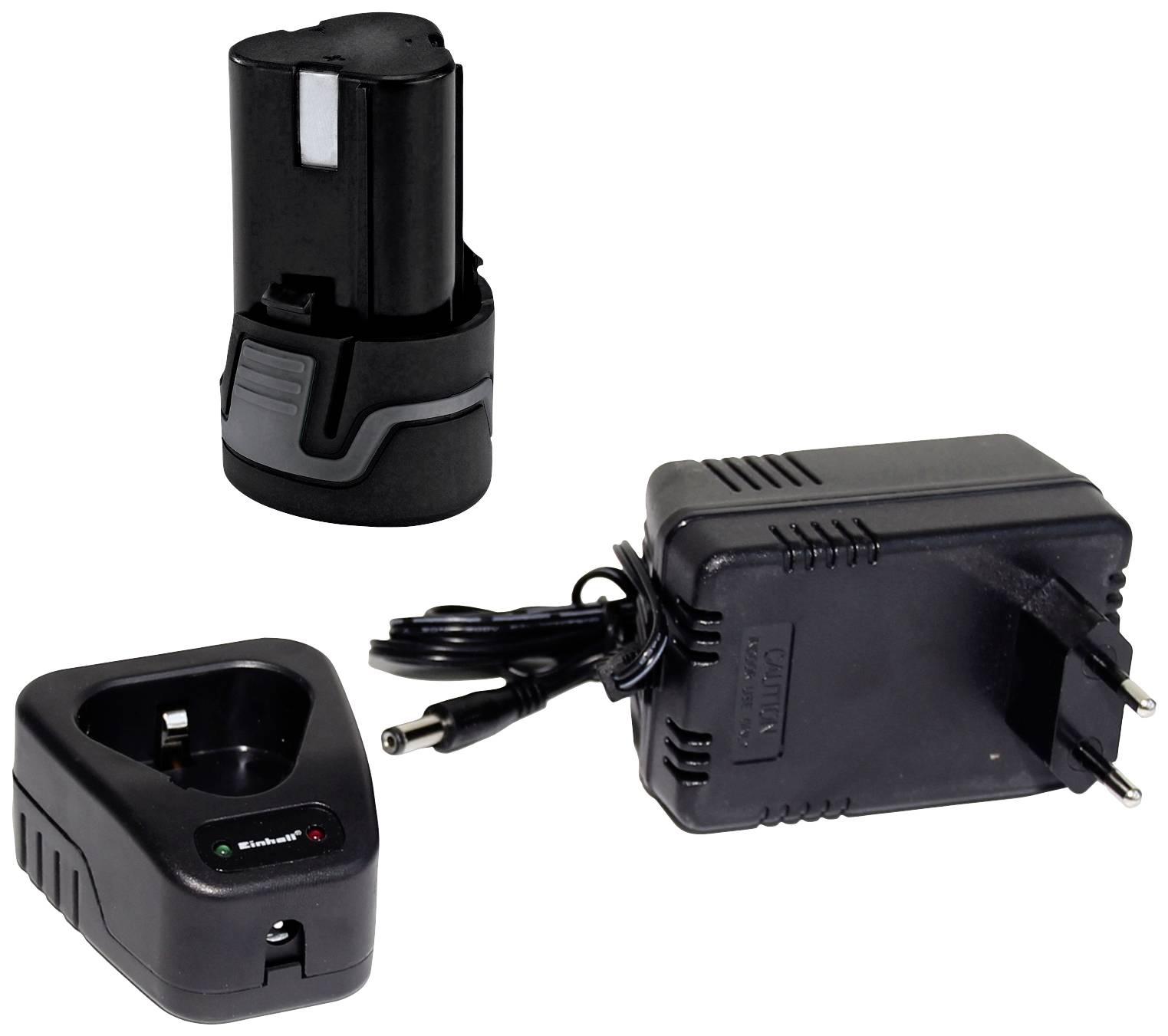 Svart laddare med kabel, batteri och laddningsbas, europeisk kontakt. Perfekt för elektriska apparater och verktyg.