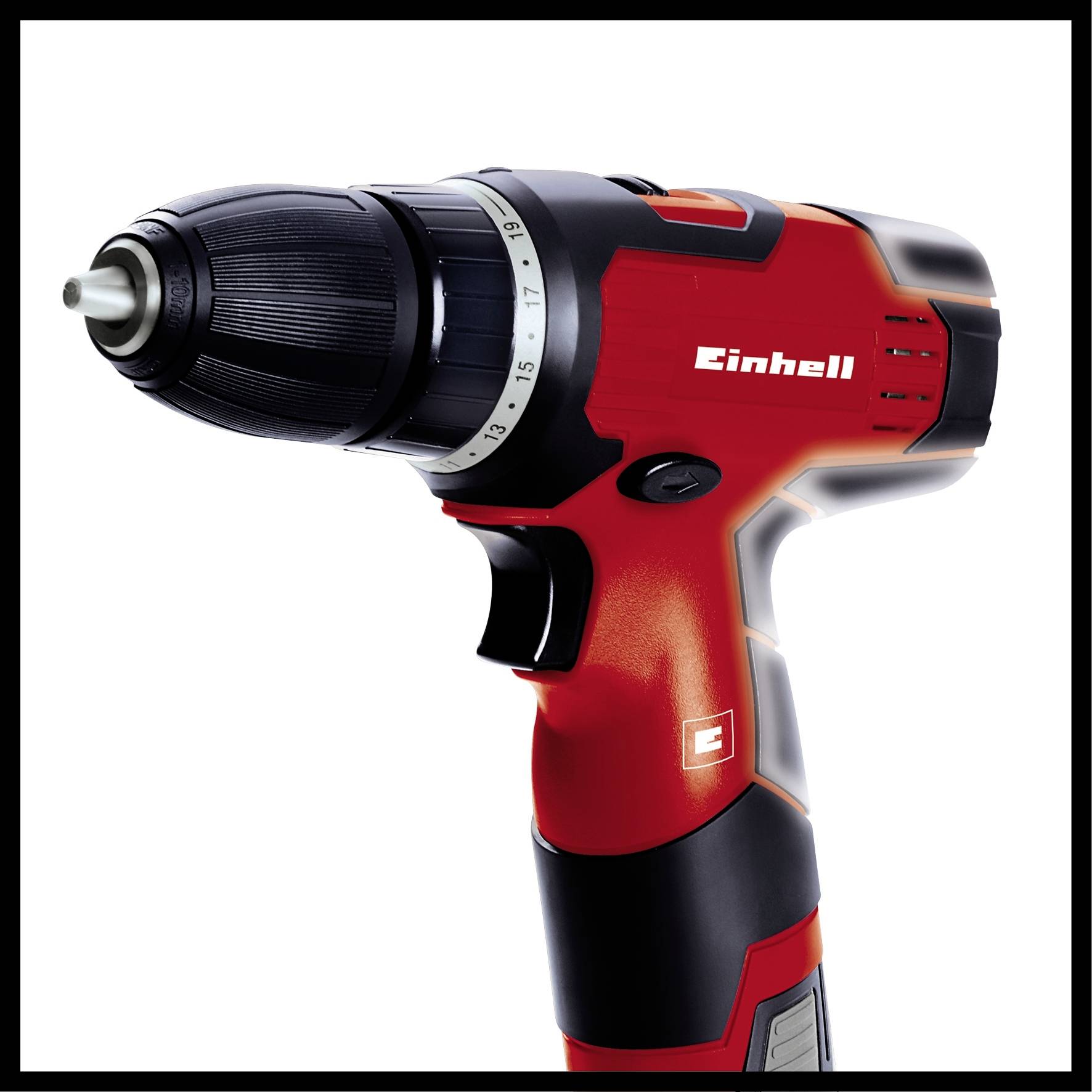 Batteridriven skruvdragare, svart och röd, med varumärket 'Einhell' tryckt, i höger profil framför vit bakgrund.