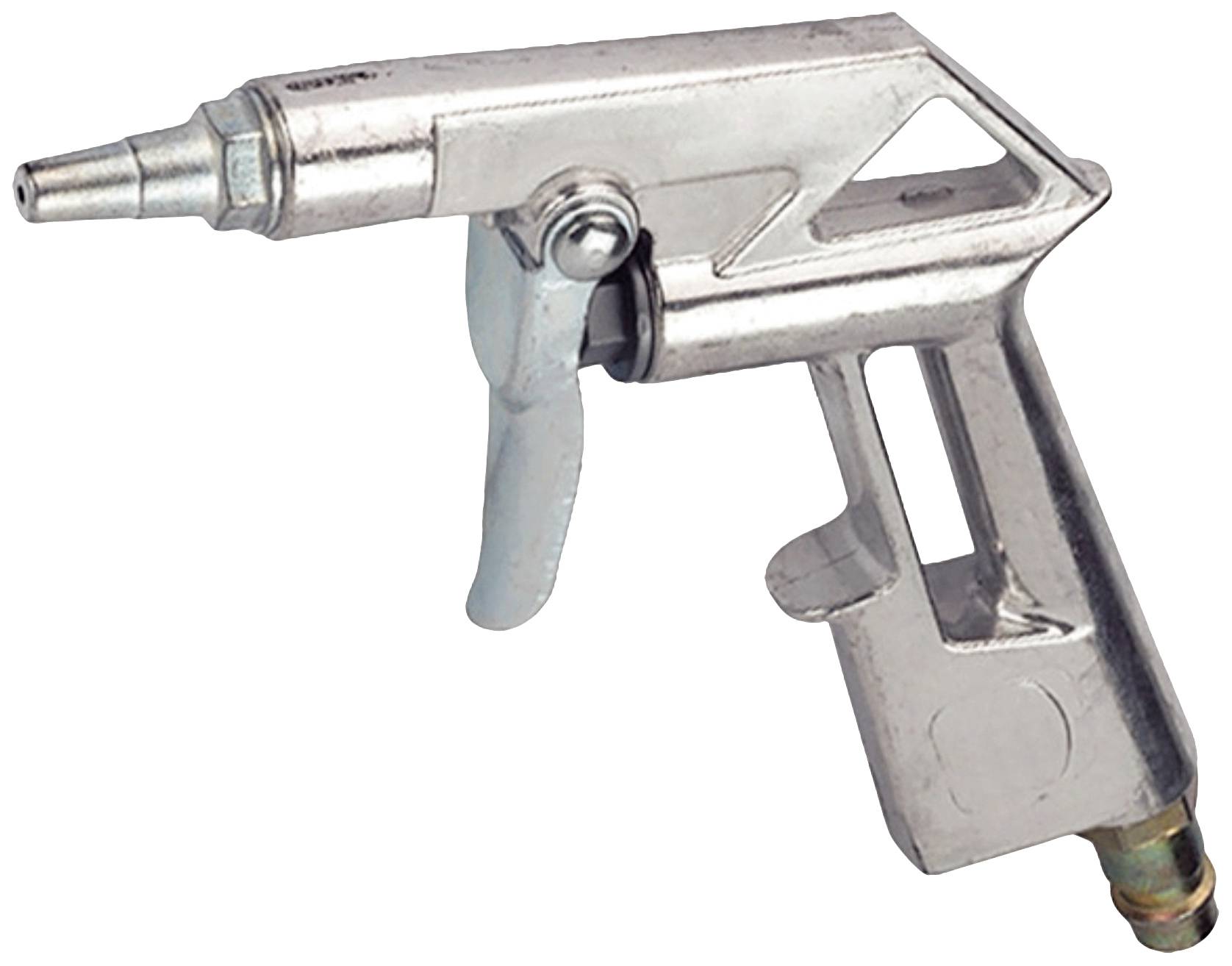 Metallisk tryckluftpistol med ergonomiskt handtag. Huvudsakligen använd för att blåsa bort damm eller vätskor.