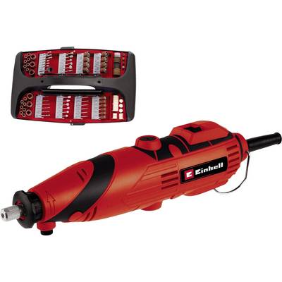 Ett rött multiverktyg med påskriften 'Einhell' och en väska med olika tillsatser och verktyg.