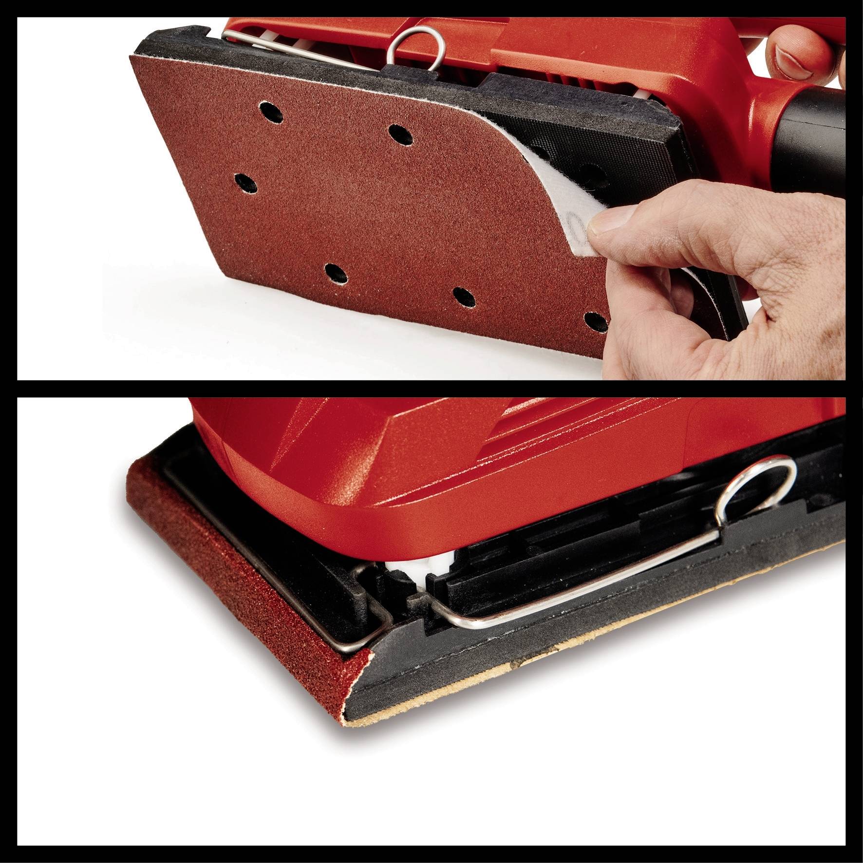 Närbild av en röd slipmaskin. En hand fäster slippapper på slipskivan. Längst ner visar en bild fästningsmekanismen.