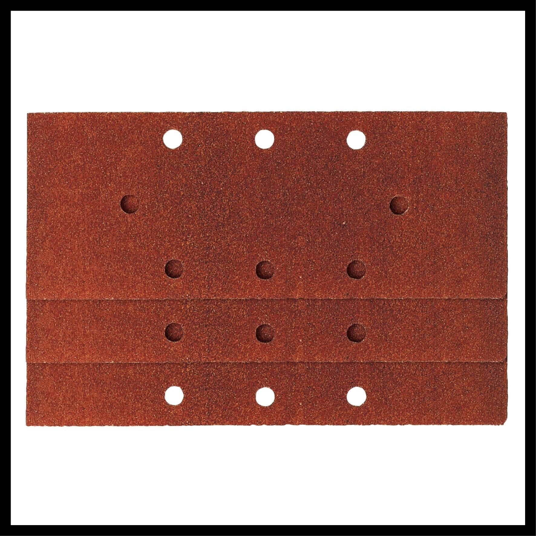 Rött slippapper med hål i regelbunden ordning, särskilt lämpligt för en elslip.