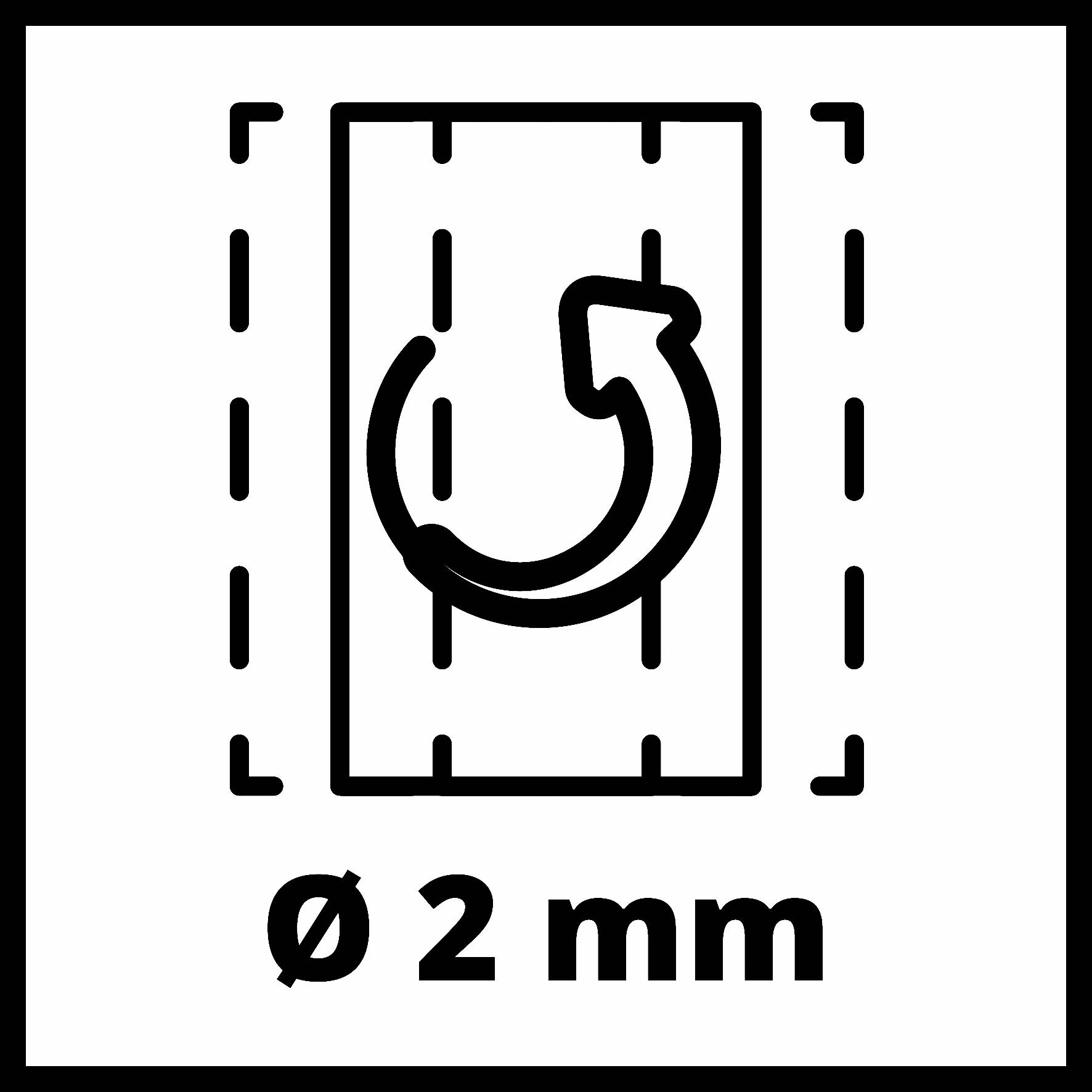 Symbolen för "Vrida" med en pil i mitten av en rektangel och 'Ø 2 mm' nedanför. Symboliserar en rotationsrörelse och dimensionsangivelse.