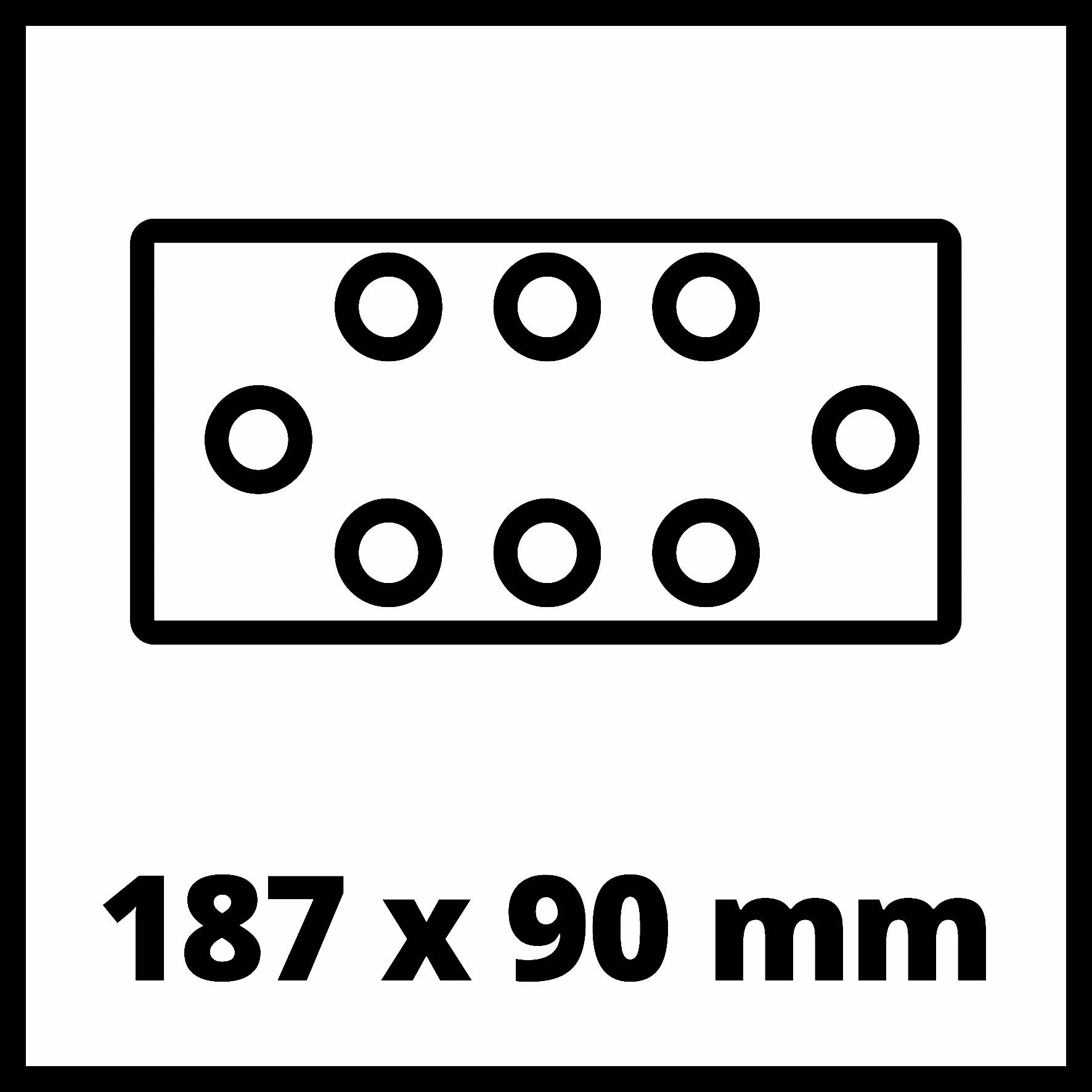 Rektangulärt element med åtta runda urtagningar, mått: 187 x 90 mm.