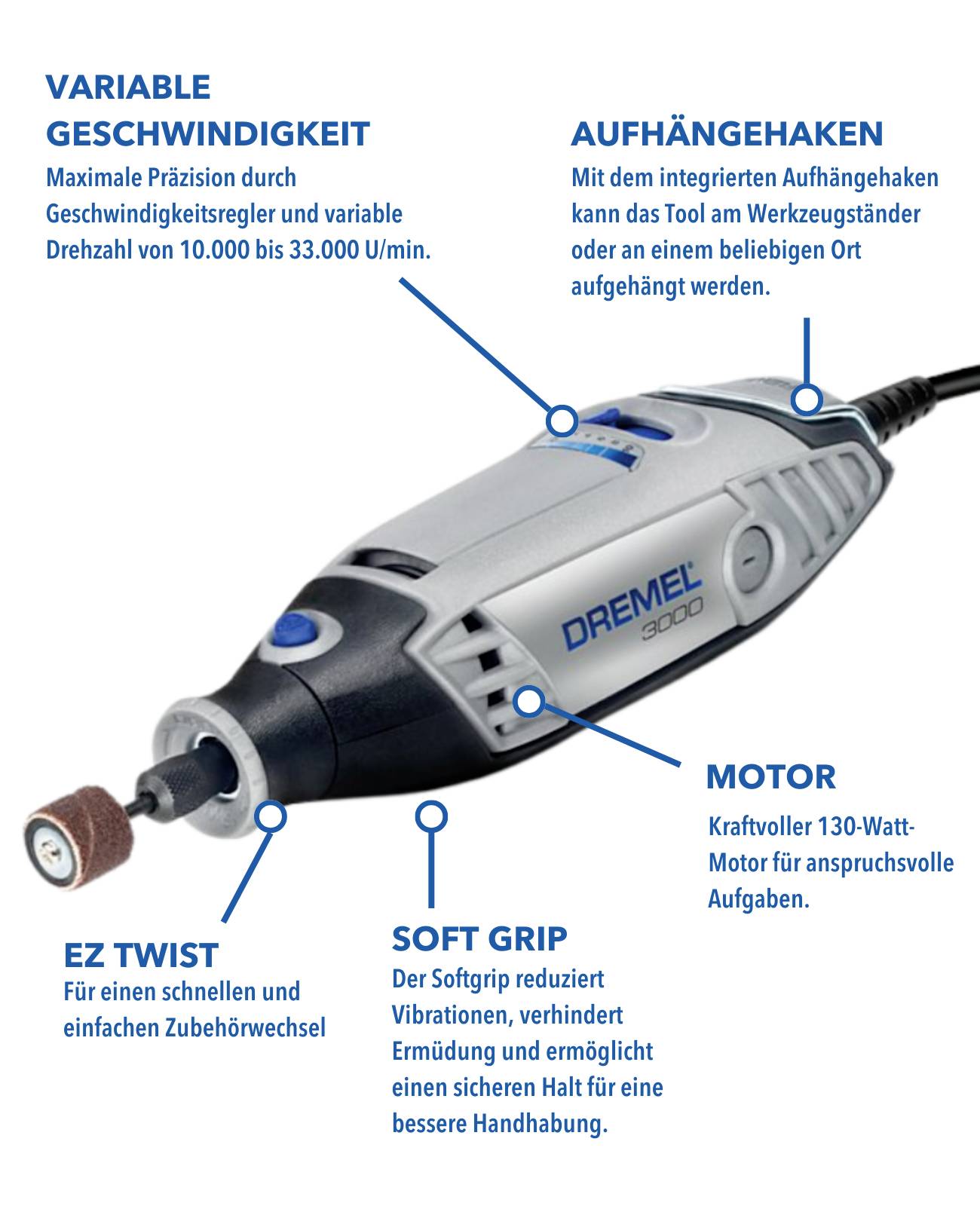 Multifunktionsverktyg med etiketter för variabel hastighet, upphängningskrok, kraftfull motor, EZ Twist för tillbehörsbyten, mjukt grepp för bättre grepp.