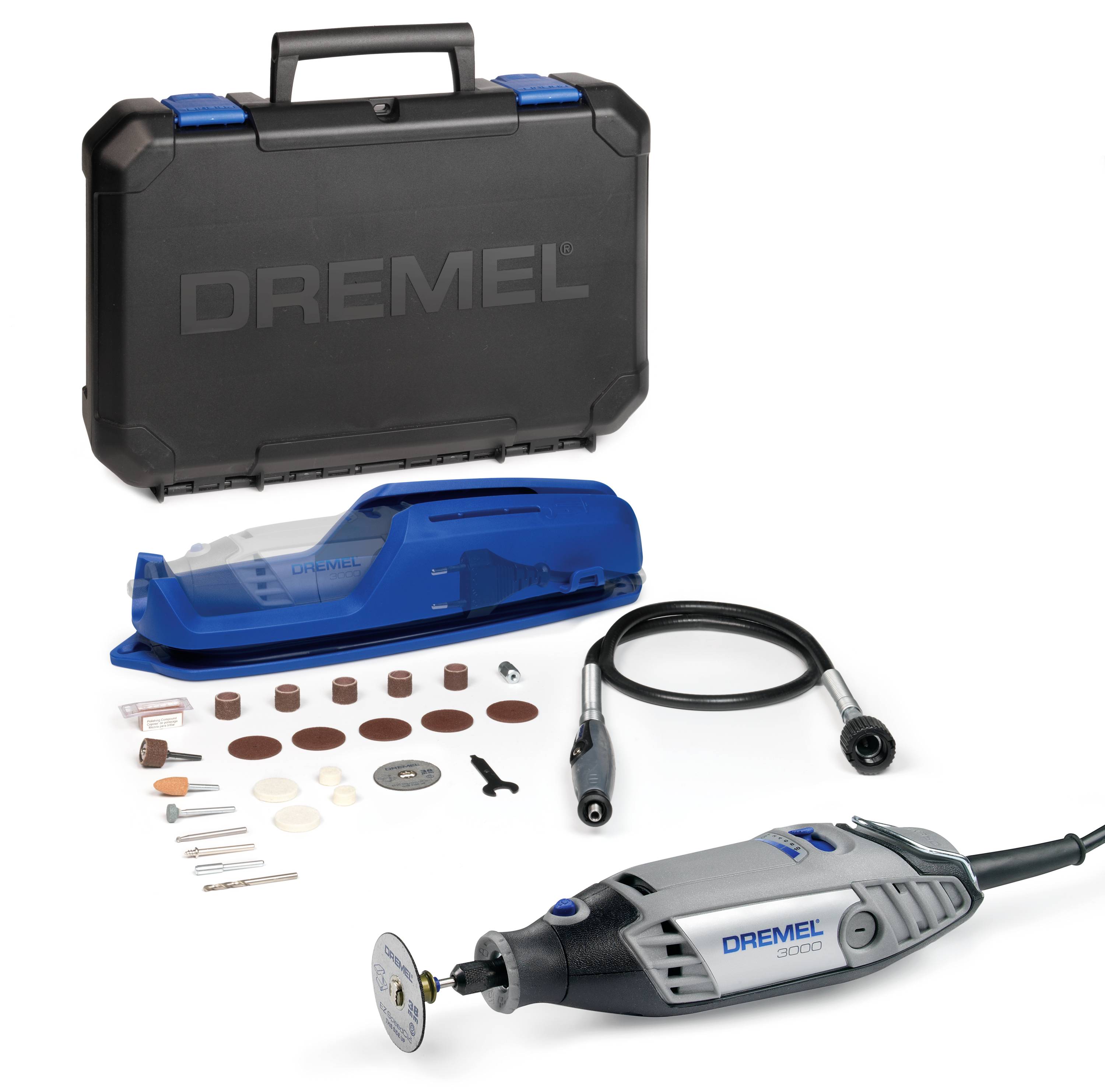 Dremel multifunktionsverktyg med tillbehörsset och bärväska, inklusive slip- och skärinsatser, skruvbits och flexibel axel.