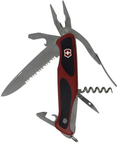Ett rött-svart multiverktyg med olika funktioner som kniv, tång, korkskruv och skruvmejsel.