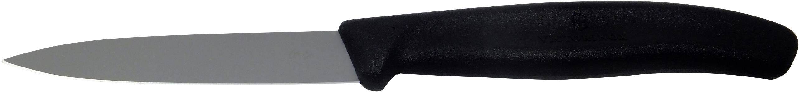 Ett keramiskt kniv med svart handtag som ligger på en vit yta. Kniven har ett smal, spetsig klinga.
