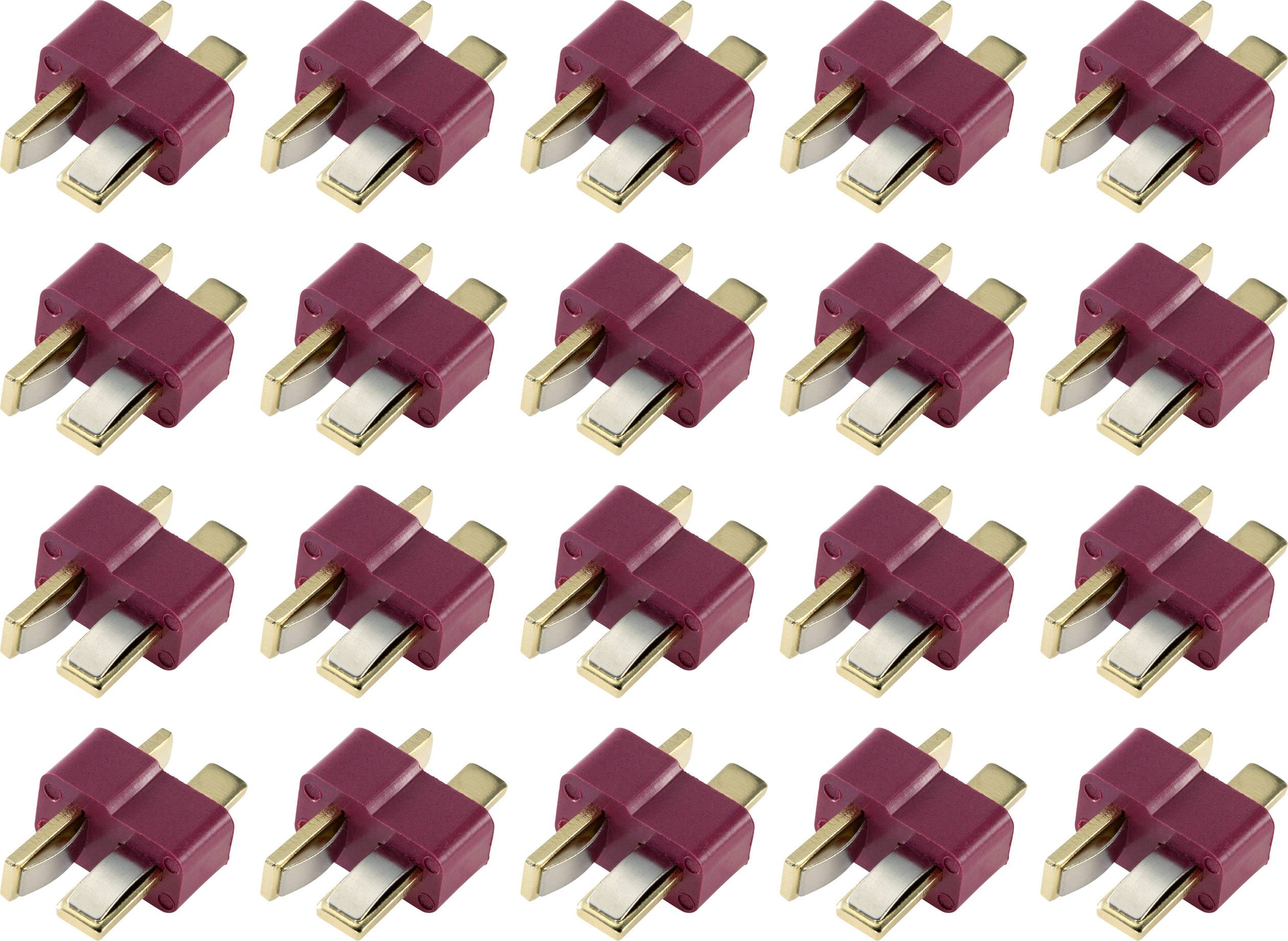 Tjugo röda kontaktdon med förgyllda kontakter i fyra rader.
