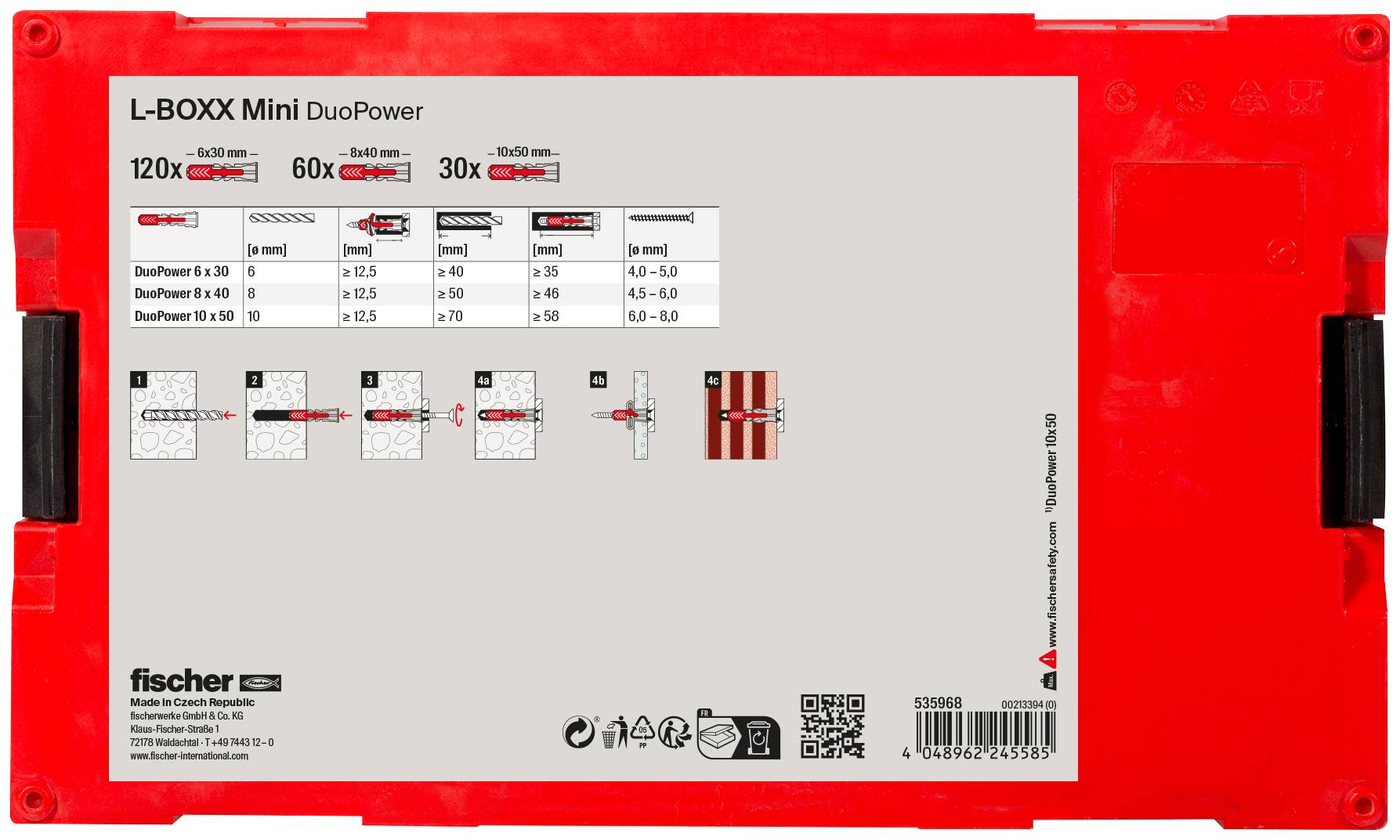 Röd plastfodral Fischer L-BOXX Mini DuoPower med en främre etikett som visar ankarstorlekarna, installationsdiagram och produktinformation.