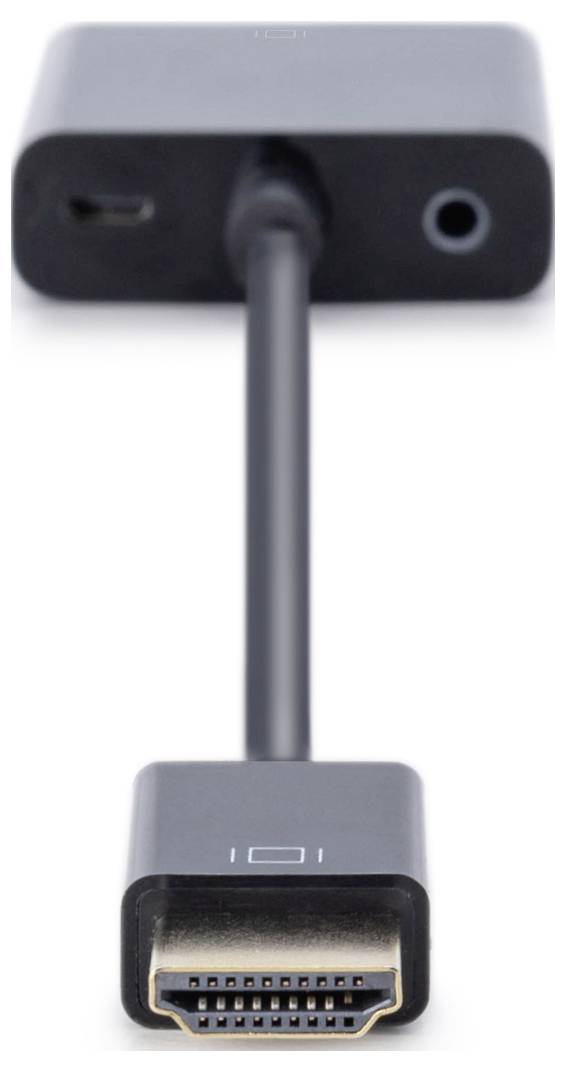 En svart HDMI-adapter med USB-C- och ljudkabelanslutning.