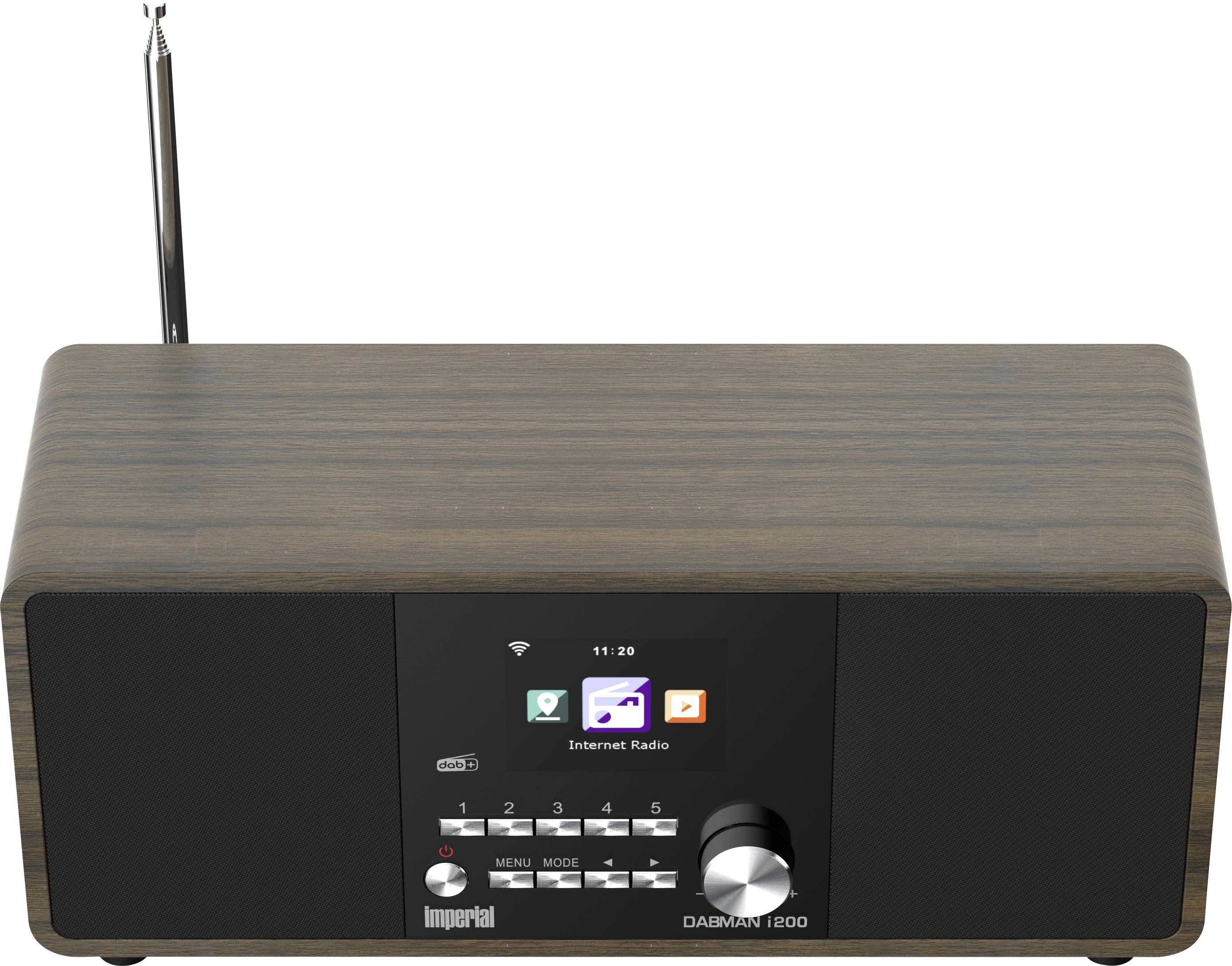 Radiomottagare med DAB-finit trälack, antenn, liten färgdisplay, förinstälda knappar och stor avstämningsknapp på framsidan.
