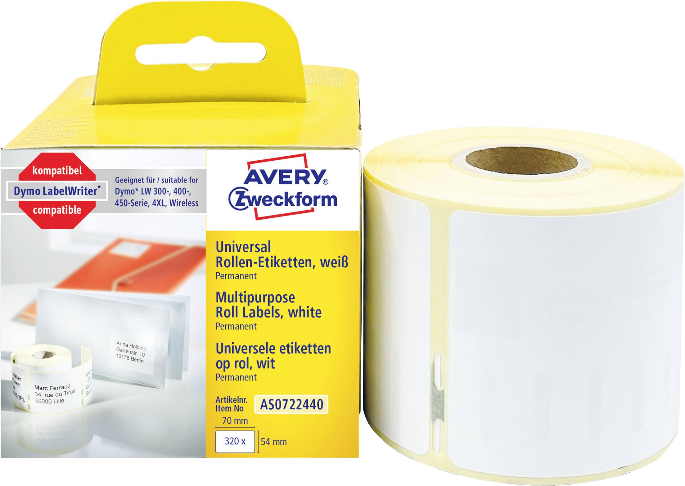 Avery-Zweckform Etikett rulle 70 x 54 mm Papper Vit 320 st Permanent AS0722440 Universaletiketter