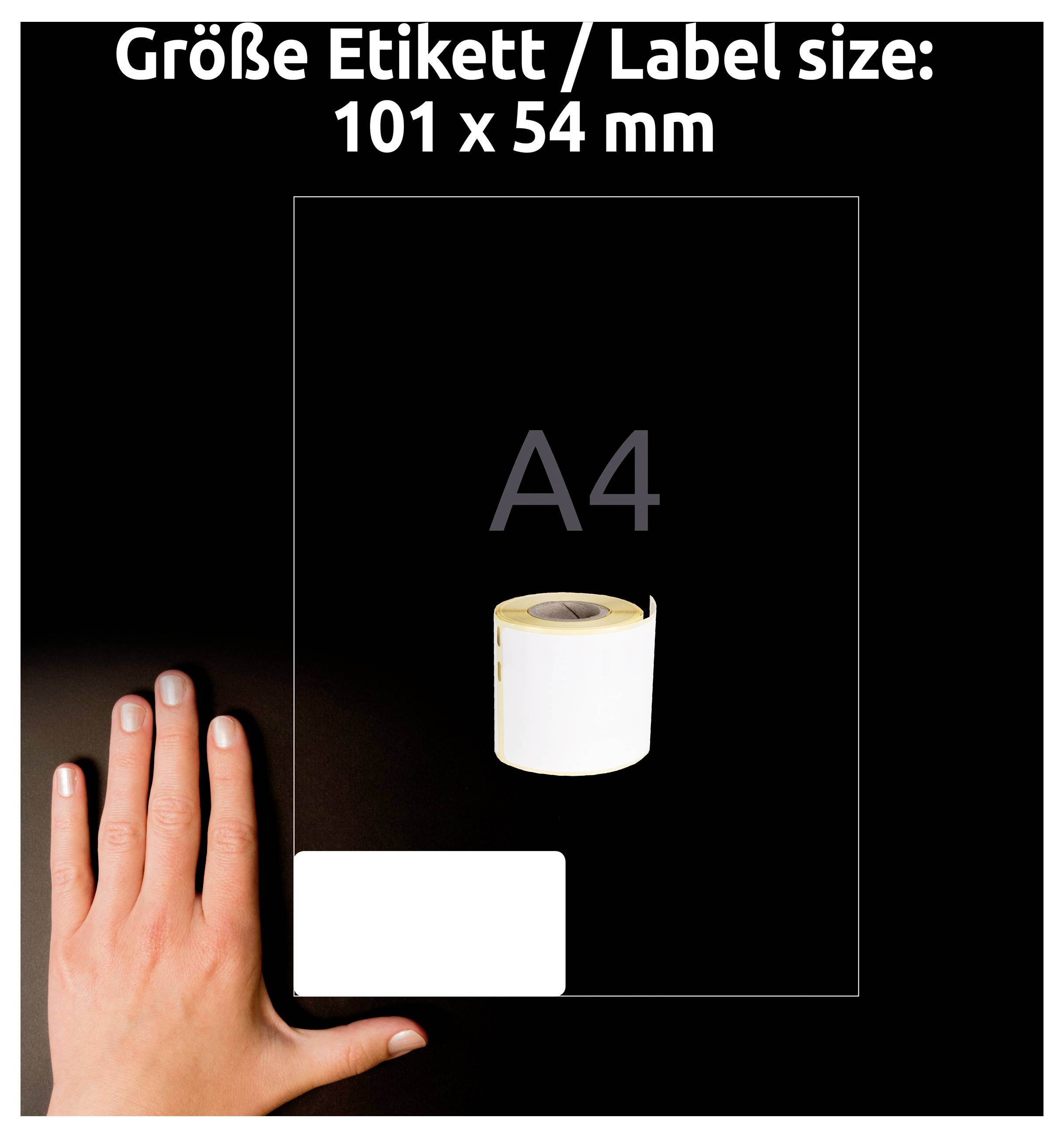 Jämförelsegrafik för etikettmgran: A4-ark med rulletikett; längst upp står 'Etikettmgran/Label size: 101 x 54 mm', längst ner visar en hand storleksmåttstocken.