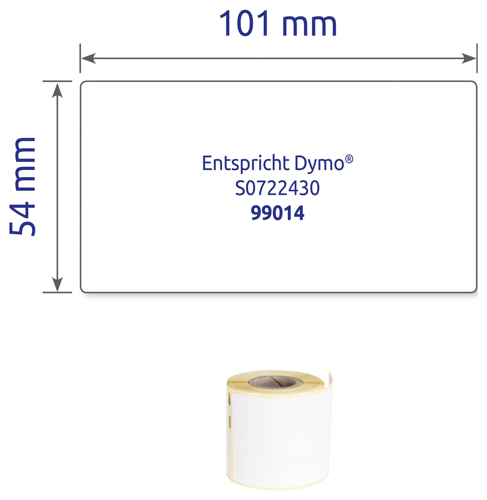 Etikett 101 × 54 mm, kompatibel med Dymo; därunder en vit etikettrull.