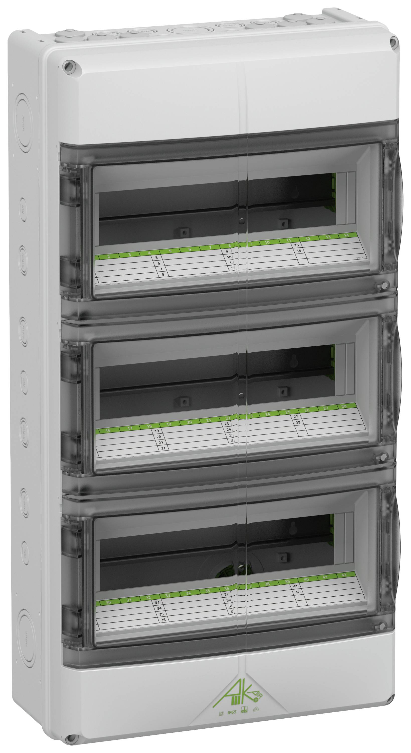 En trestegssäkringsbox med tre rader på varje steg. Varje fack har ett transparent lock för synlighet av kretsarna.