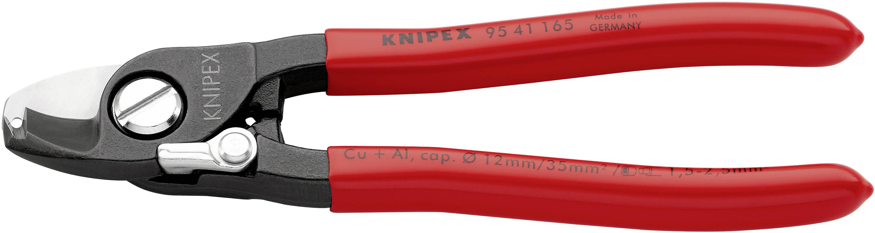 Röd Knipex kabelsax på vit bakgrund, lämplig för att skära koppar- och aluminiumkablar upp till 12 mm diameter.