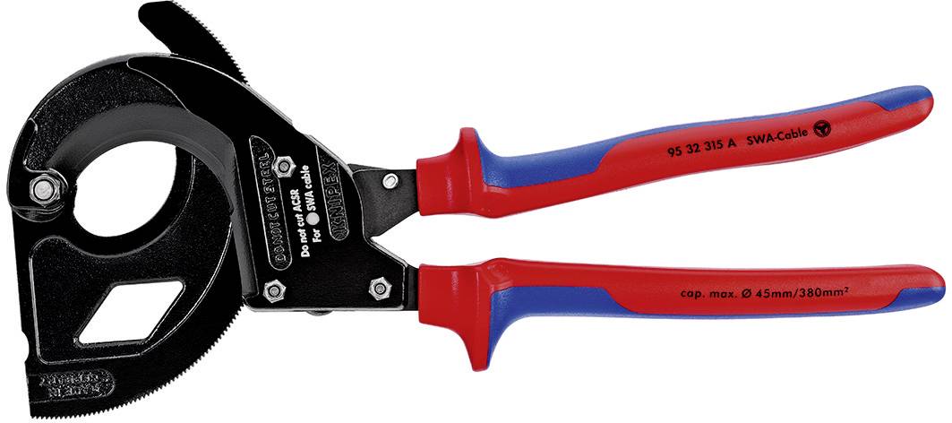 En kabelskärare med svarta och röda handtag, avsedd för att snyggt och effektivt kapa tjockare kablar. Lämplig för kablar upp till 30 mm i diameter.