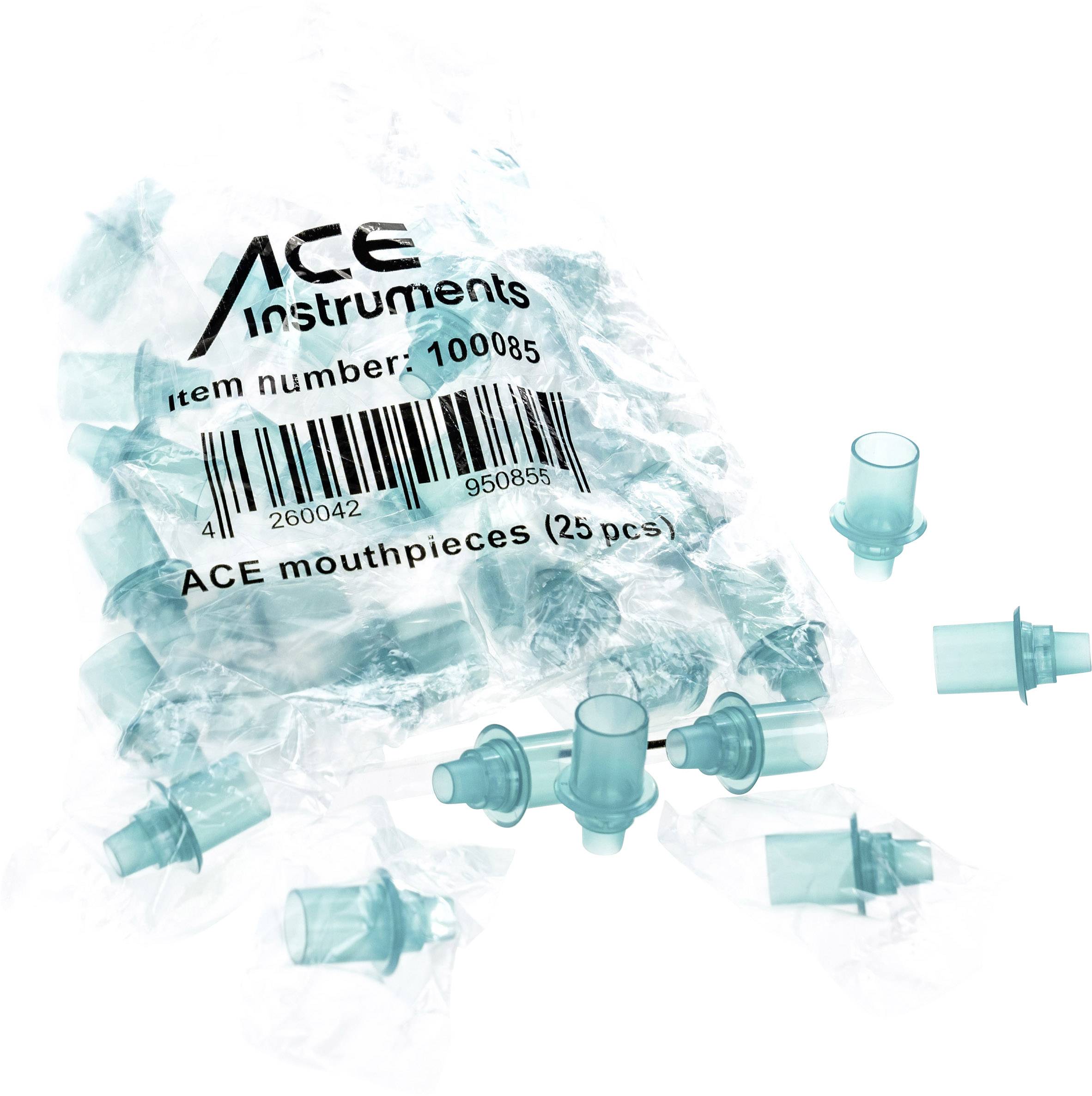 Plastmunstycken i en transparent förpackning från märket 'ACE Instruments', artikelnummer 100085, 25 stycken.