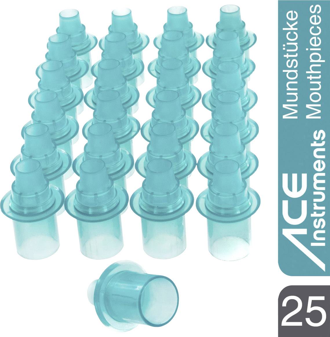 'ACE Instruments Munstycken' visar 25 blå plastmunstycken. De är ordnade i rader, individuellt avbildade i förgrunden.