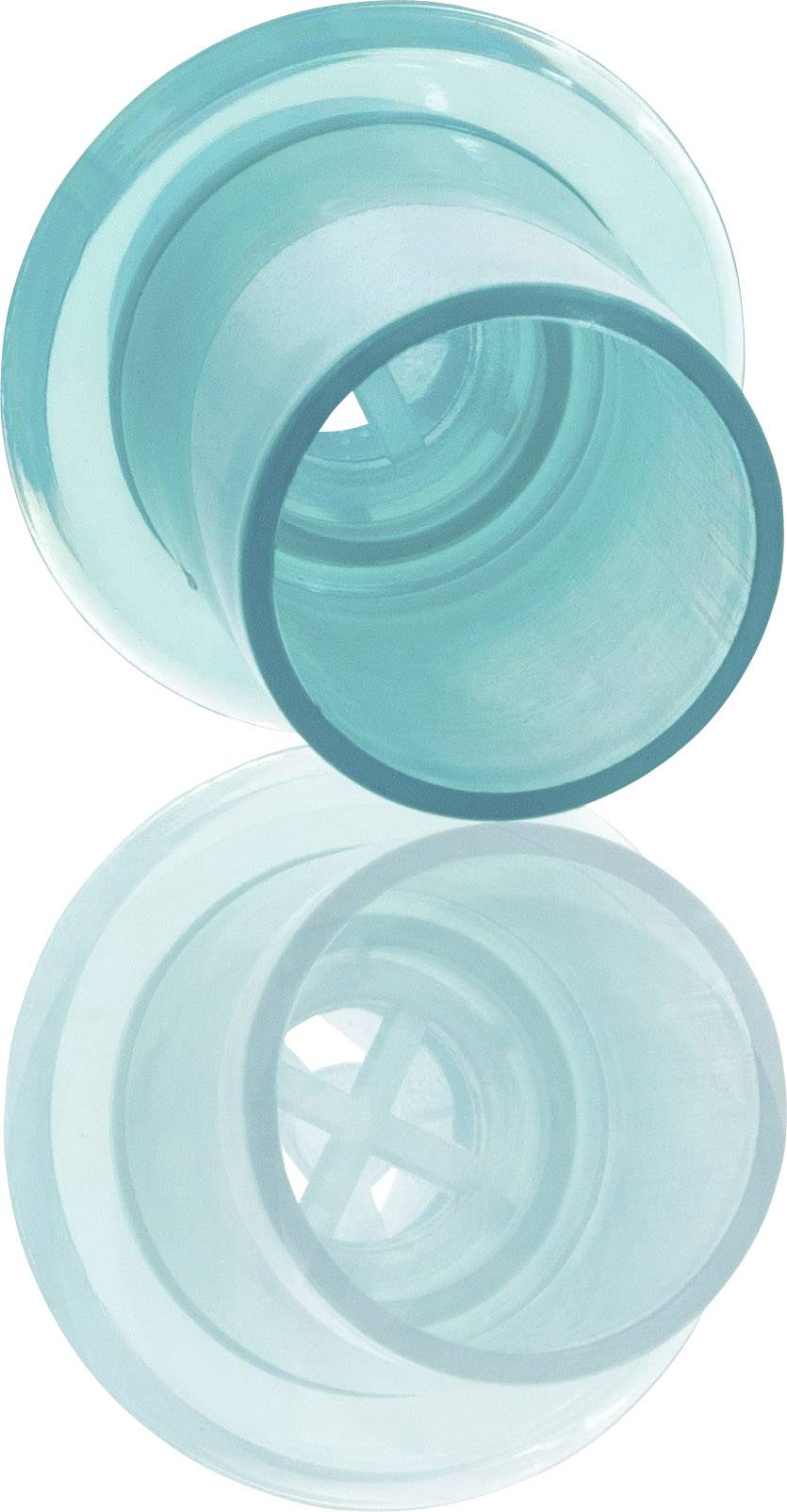 Två överlappande, transparenta, turkosa plastmuggar i olika storlekar.