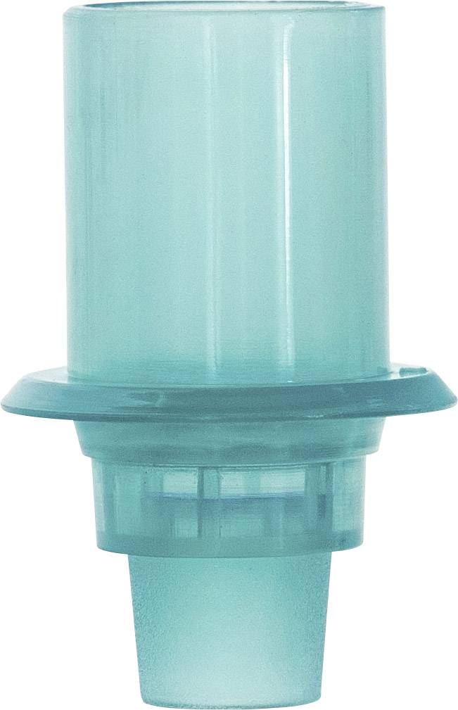 En turkos plastplugg med cylindrisk form och bred bas, sannolikt använd som förslutning eller förbindelselement.
