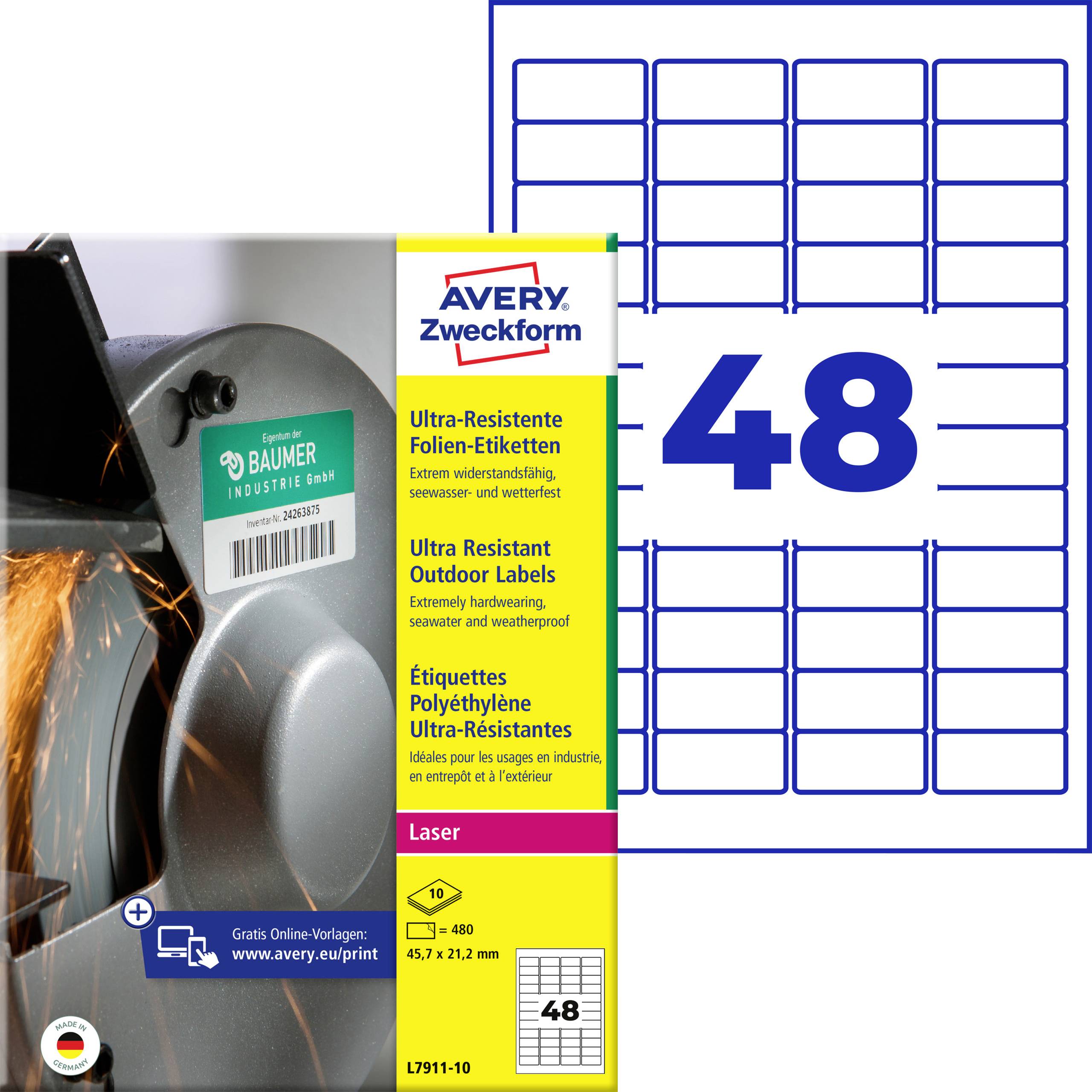 Avery Zweckform produktbild som visar ultrabeständiga utomhus-laseretikett, 48 per ark, storlek 45,7 x 21,2 mm, med en exempeletikett på en metallyta.