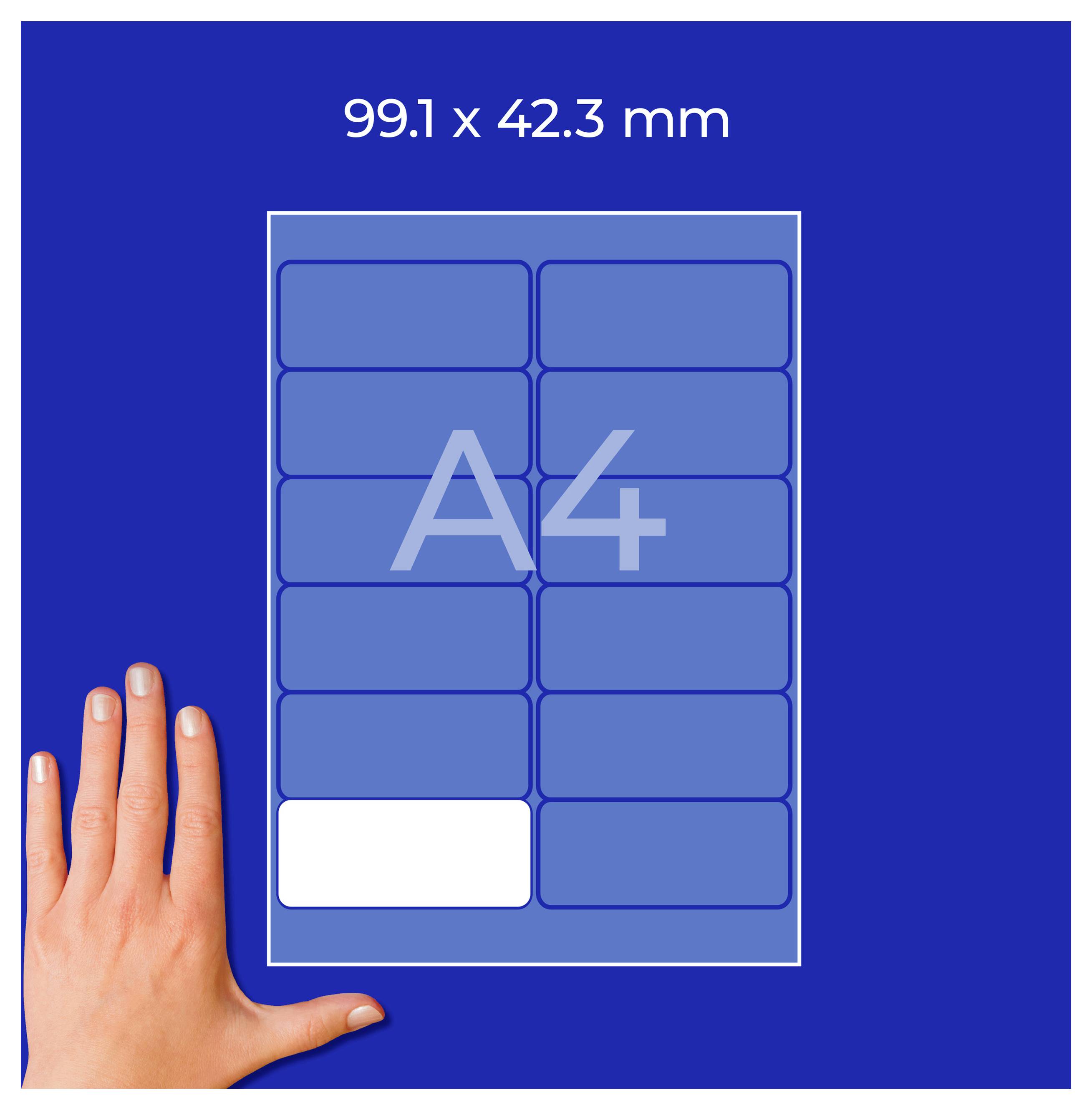 A4-etikettsark med 20 rektangulära fält, ett fält nere till vänster är markerat i vitt; måttangivelse överst: 99,1 x 42,3 mm.