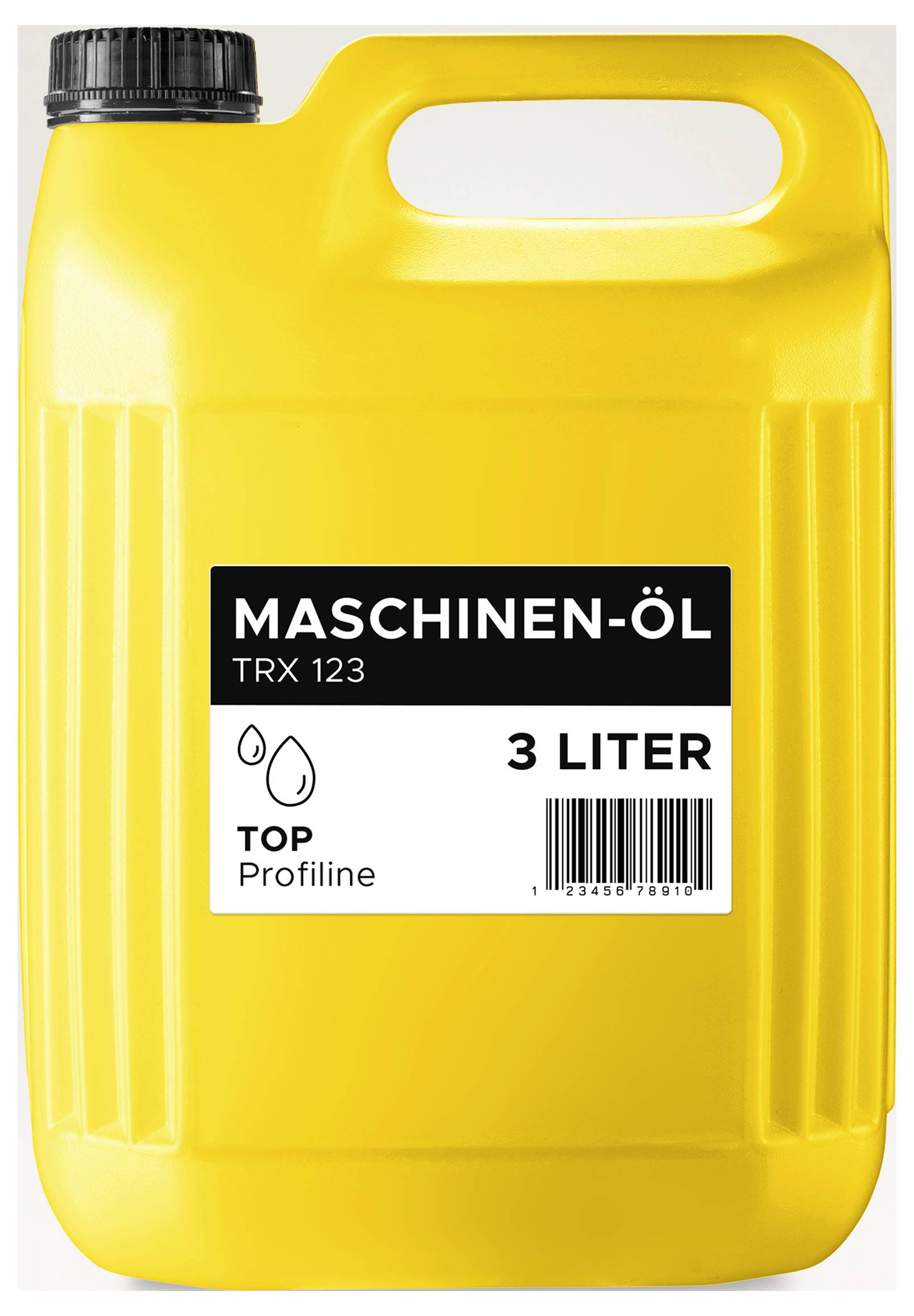 Gul 3-literskanna med svart lock, etikett: "MASKINOLJA", "TRX 123", "3 LITER", "TOP Profiline".