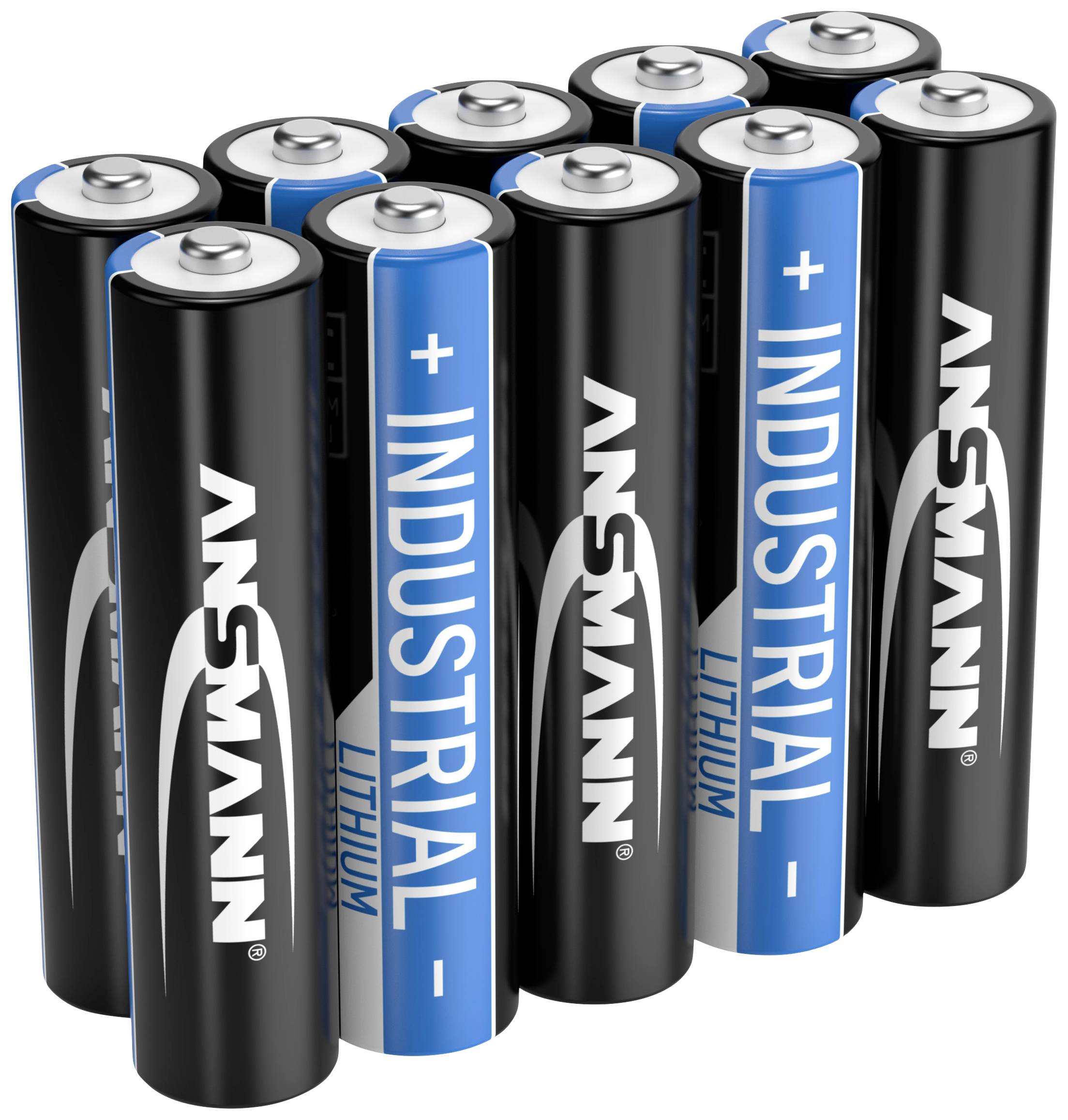 'Nio AA-batterier, sju svarta och två blå, märkta med "ANSMANN INDUSTRIAL".'