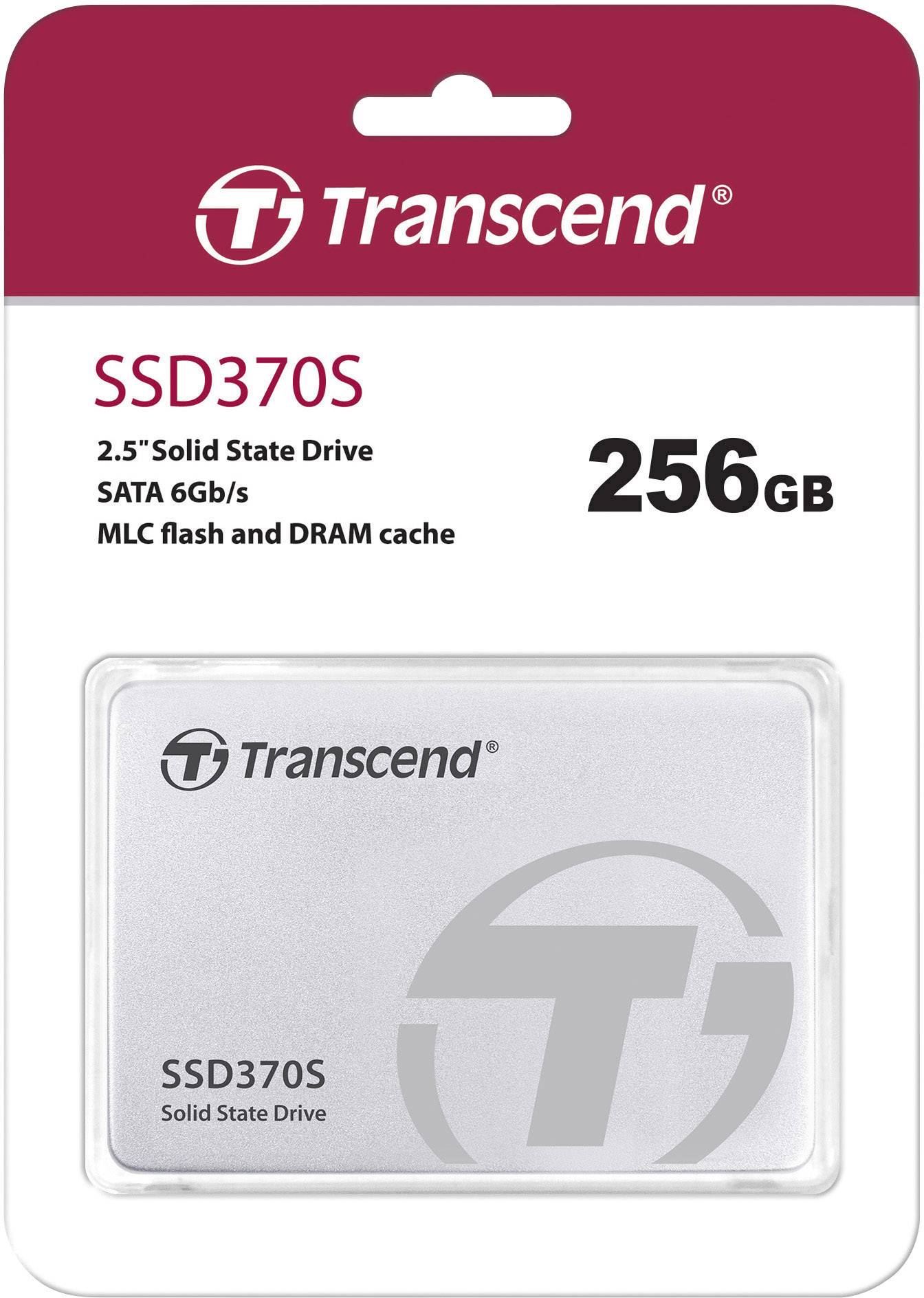 Transcend SSD370S förpackning med 256GB Solid State Drive, 2,5" formfaktor, SATA 6Gb/s, MLC-flash och DRAM-cache.