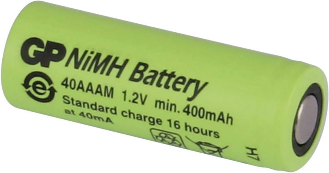 Grön cylindrisk batteri med texten 'GP NiMH Battery 1.2V 400mAh'. Lämplig för enheter med låg strömförbrukning.