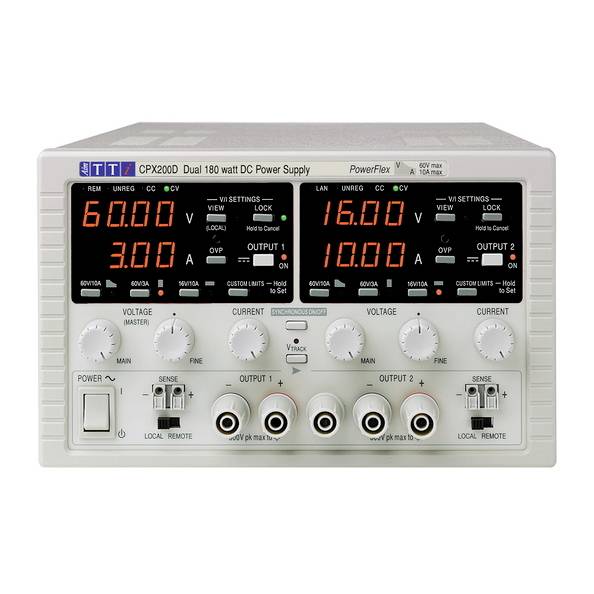 Ett dualt DC-nätaggregat, modell CPX200D, visar två utgångar med spänningar på 60,0V och 16,0V samt strömmar på 3,00A respektive 10,00A.