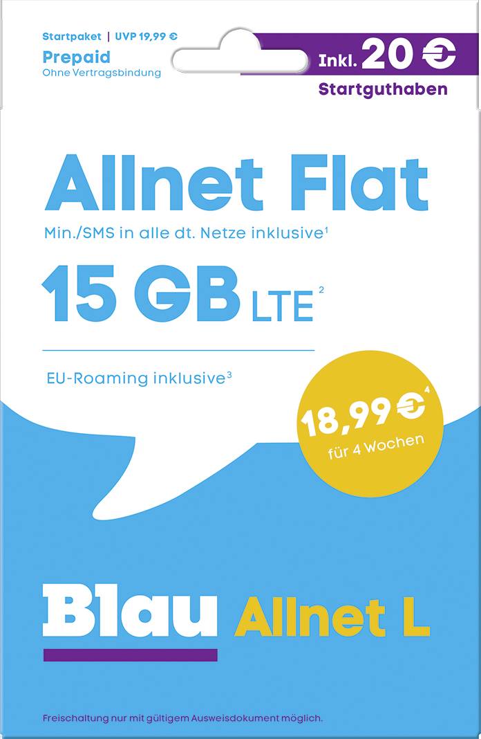 Blau Förbetalat SIM-kort med "Allnet Flat", 15 GB LTE, EU-roaming ingår. Pris: 18,99 EUR för 4 veckor. Startkredit på 20 EUR.