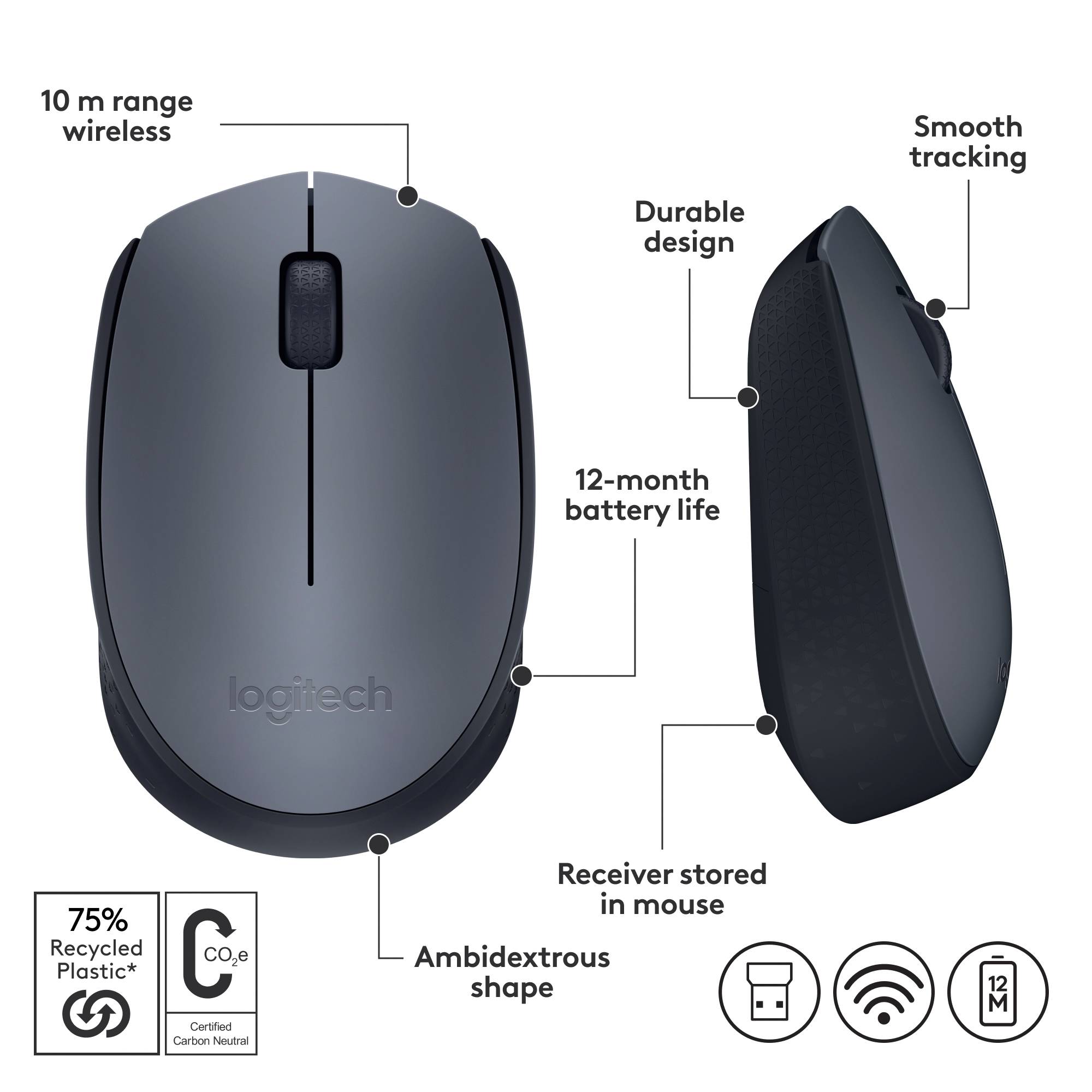 Trådlös Logitech-mus med 10 m räckvidd, robust design, 12 månaders batteritid, användbar för både höger- och vänsterhänta samt integrerad mottagare.