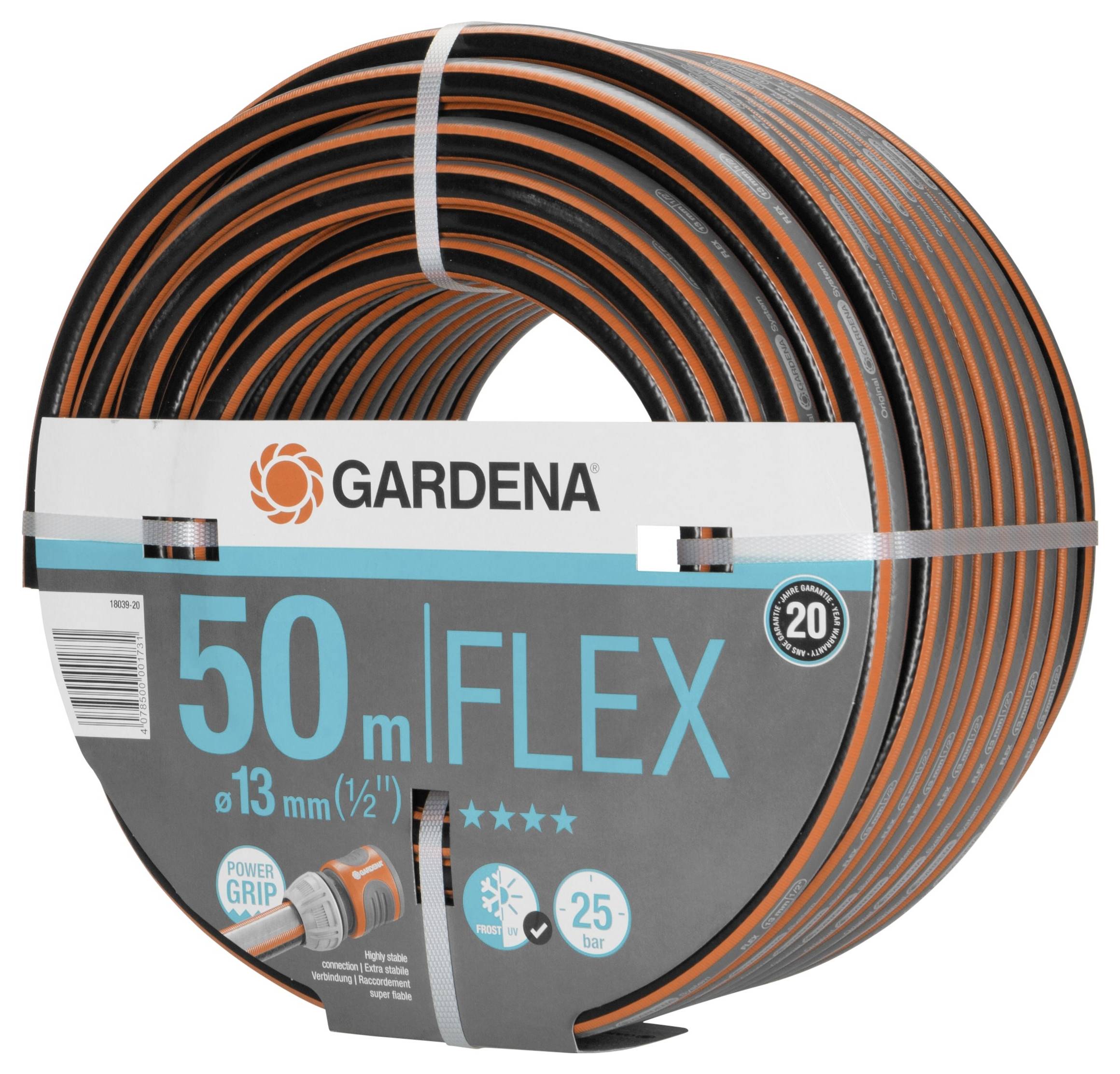 Trädgårdsslang, märke Gardena, 50 meter, 13 mm diameter, 'Flex' modell, för 25 bars tryck, med Power Grip-profil.