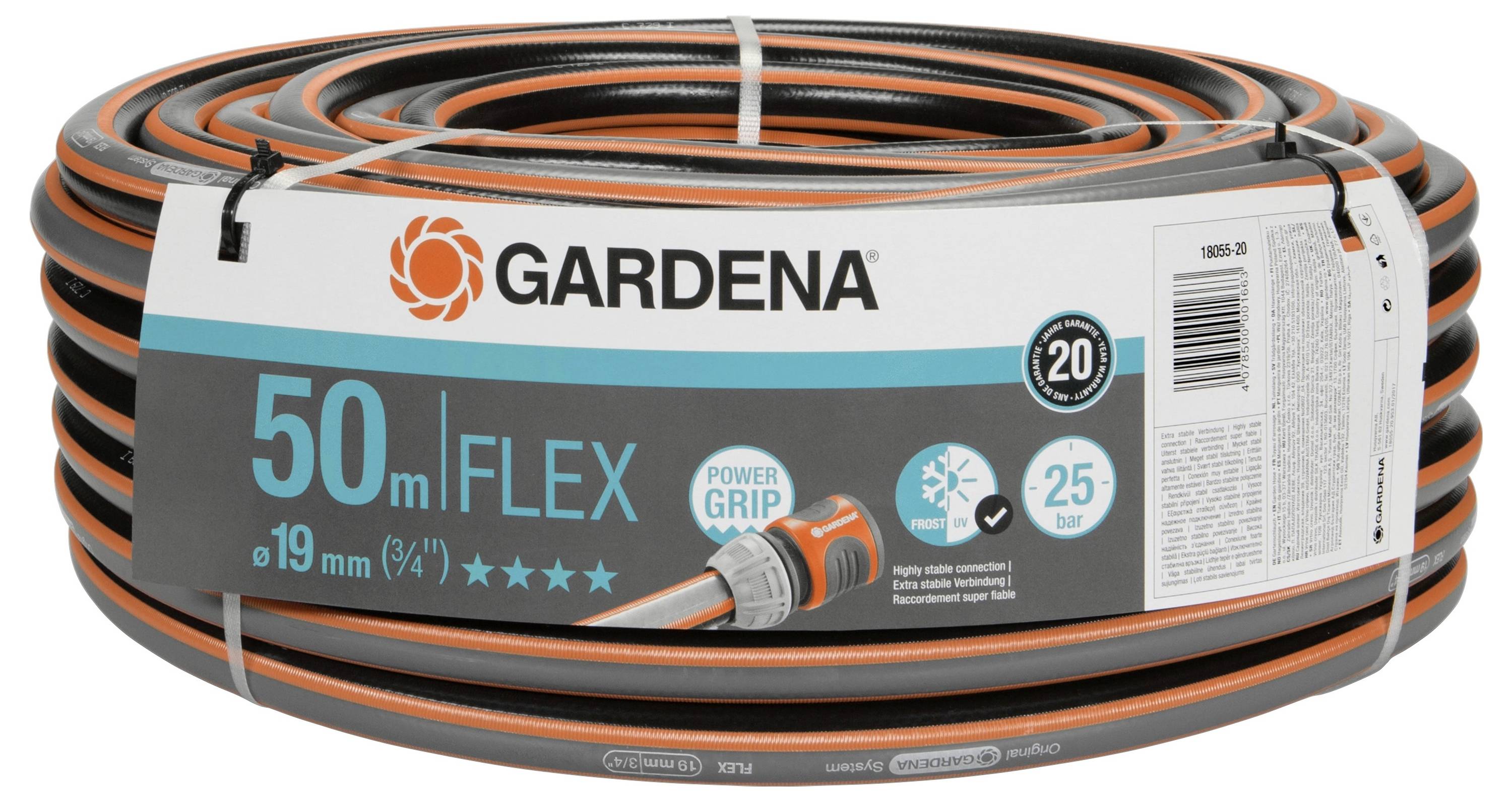 Trädgårdsslang Gardena Flex, 50 m, 19 mm diameter, Power Grip, 25 bars tryck, UV-beständig, förpackad på rullade stapel.