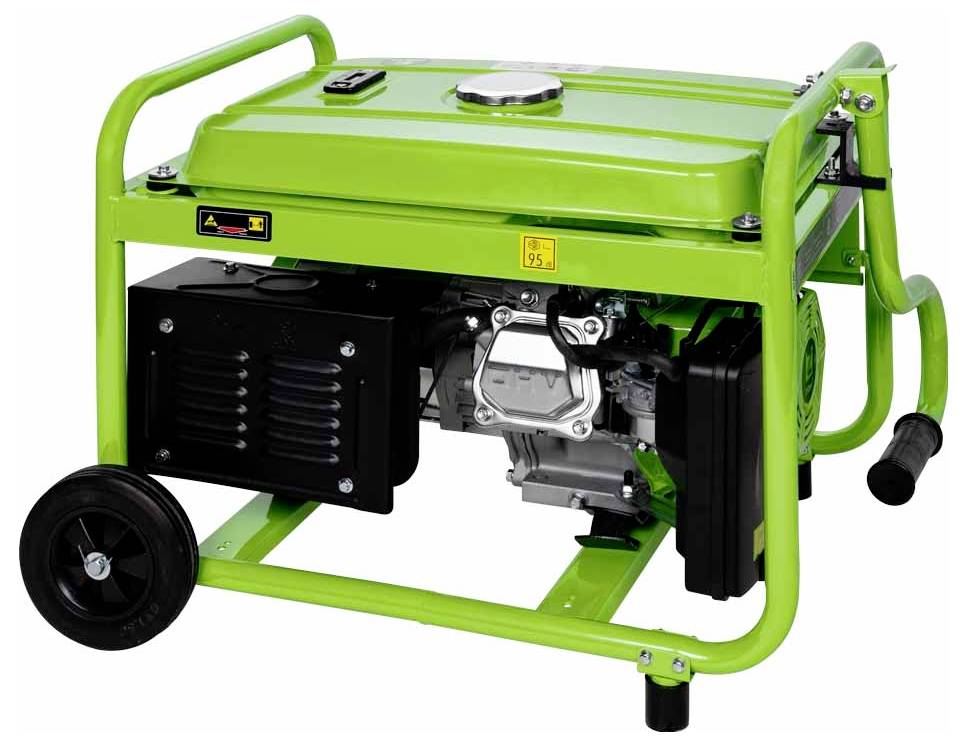 En grön bärbar generator med hjul, som visar motorn och bränsletanken, utformad för användning av strömförsörjning utomhus eller i nödsituationer.