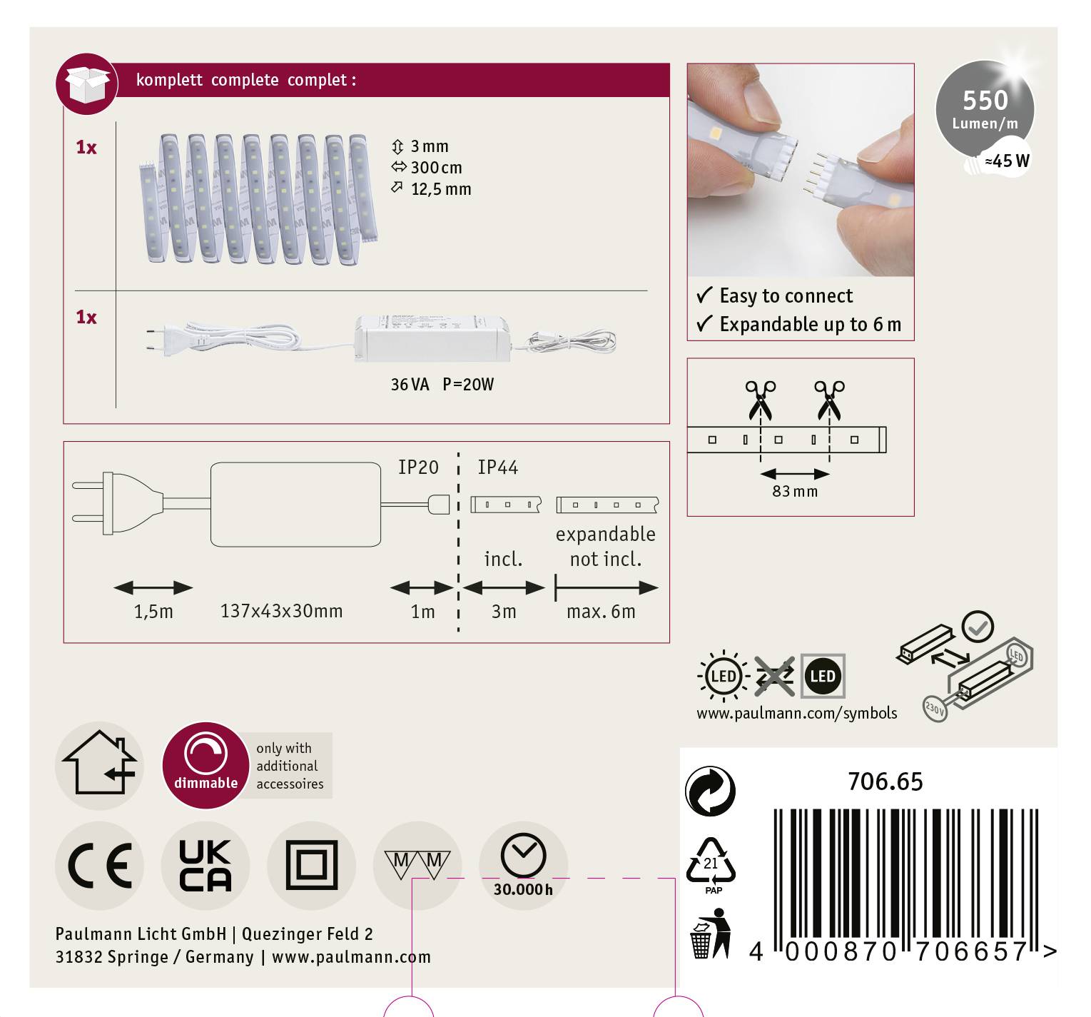Förpackning för ljus-set; innehåller kabel, LED-strip, nätadapter. Kompatibel med förlängning upp till 6 m. Dimensioner och symboler visade.