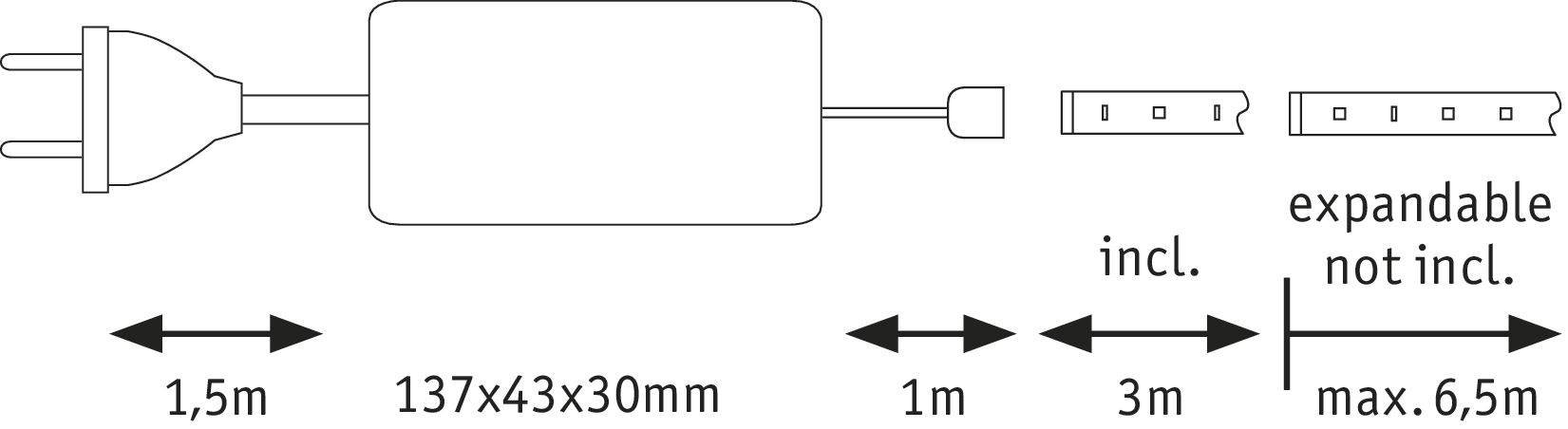 Diagram över en laddare med måtten 137x43x30 mm. Strömsladd: 1,5 m. Förlängningsalternativ på 1 m eller 3 m, maximalt 6,5 m.