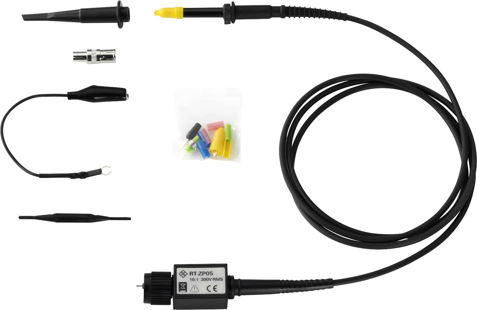 En avkännare för oscilloskop med olika adaptrar och färgade markeringar. Används för att mäta elektriska signaler.