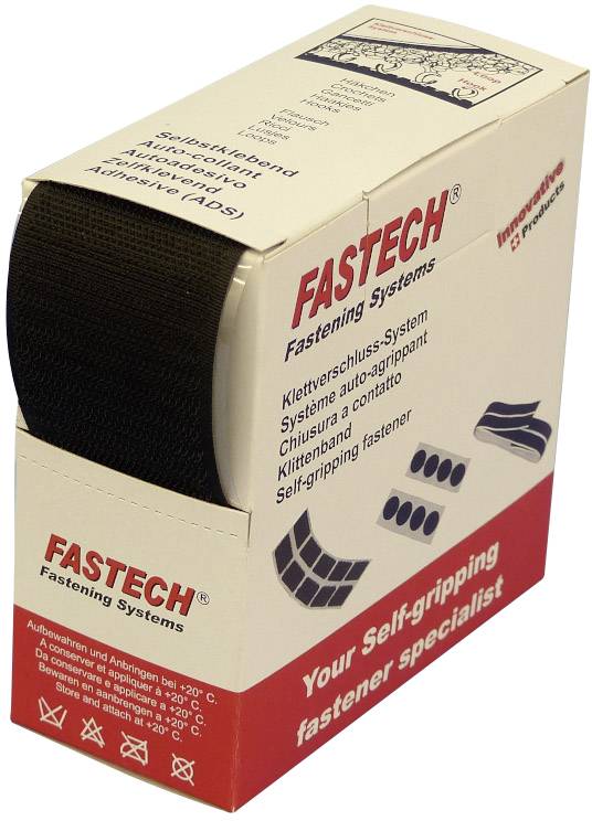 Låda med kardborreband från 'FASTECH'. Innehåller självhäftande, svart band. Text: 'Din specialist på självhäftande fästanordningar'.