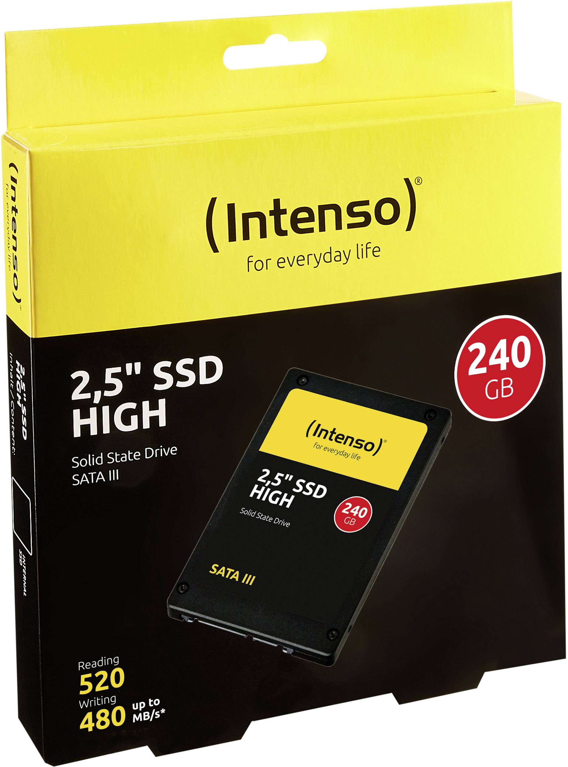 Förpackning för en 'Intenso 2,5" SSD HIGH' med 240 GB. Läshastighet 520 MB/s, skrivhastighet 480 MB/s. SATA III.