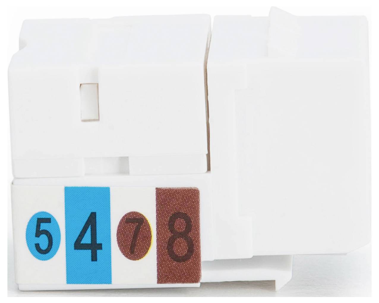 Närbild av en vit elektrisk komponent med en etikett som visar siffror '5' i blått, '4', '7' och '8' i bruna cirklar.