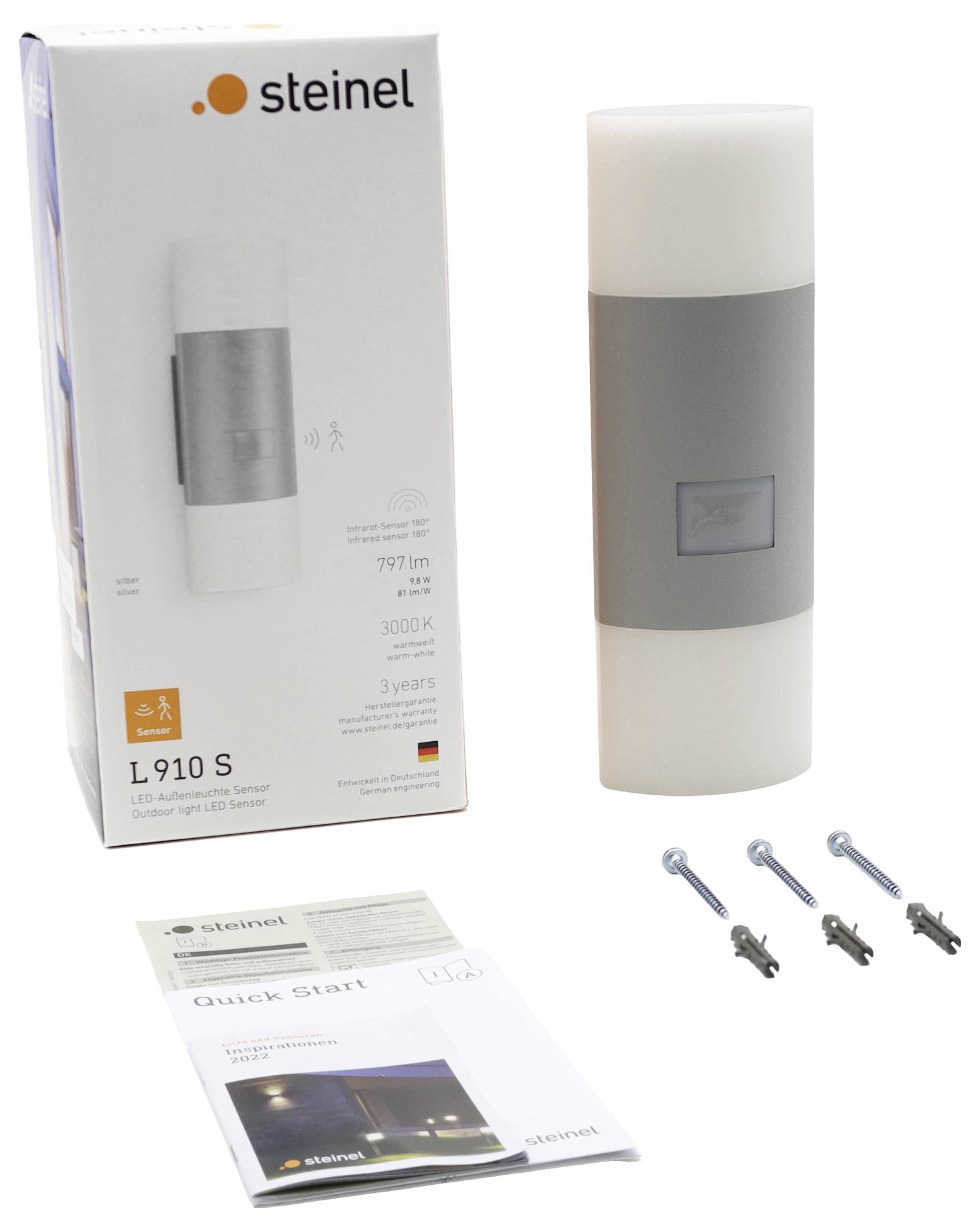 Steinel L 910 S LED vägglampa-paket visas med lampa, monteringsskruvar och snabbstartsguide.