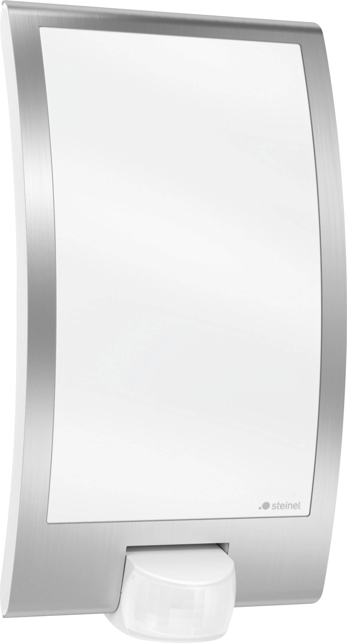 Silverfärgad väggmonterad rörelsesensor lampa med stor mattglas framdel och vit sensor på botten