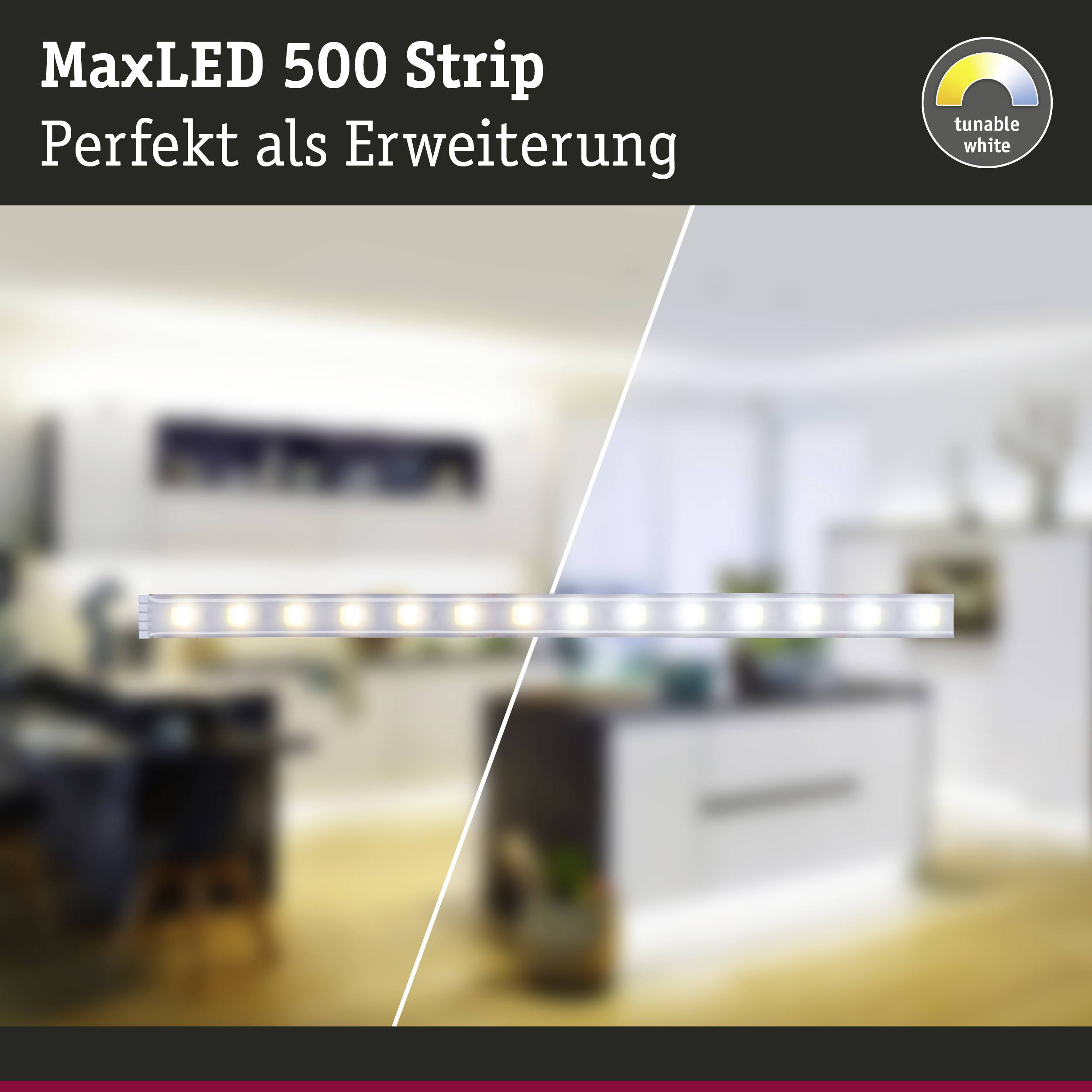 LED-slinga med belysning, märkt med 'MaxLED 500 Strip, Perfekt som utökning', visar dimningsfunktion i hemmiljö.
