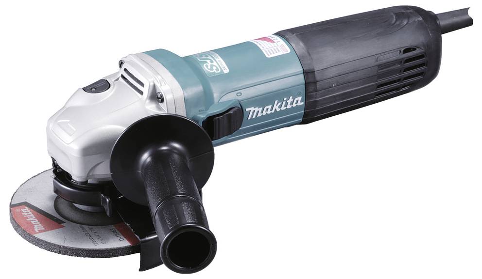 Makita vinkelslip med svart handtag och skivfäste, används för skärning och slipning av material.