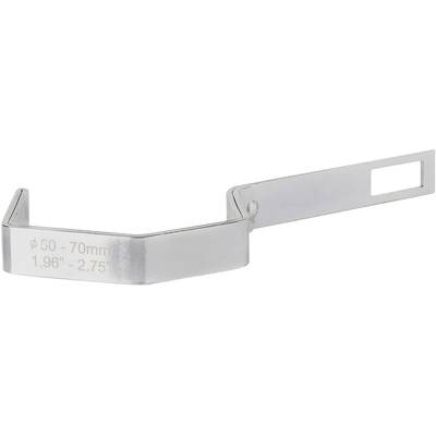 Metallklämma med rektangulär öppning och gravyr 'Ø 50 - 70 mm, 1,96" - 2,75"' på silverfärgad yta.