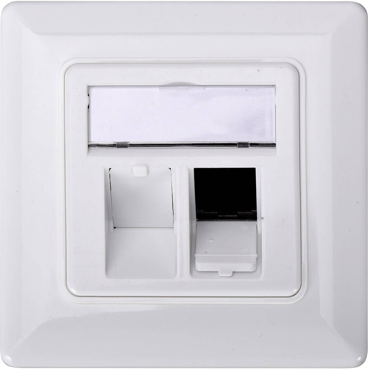 Vit vägguttag med två nätverksanslutningar och ett tomt märkningsfält.